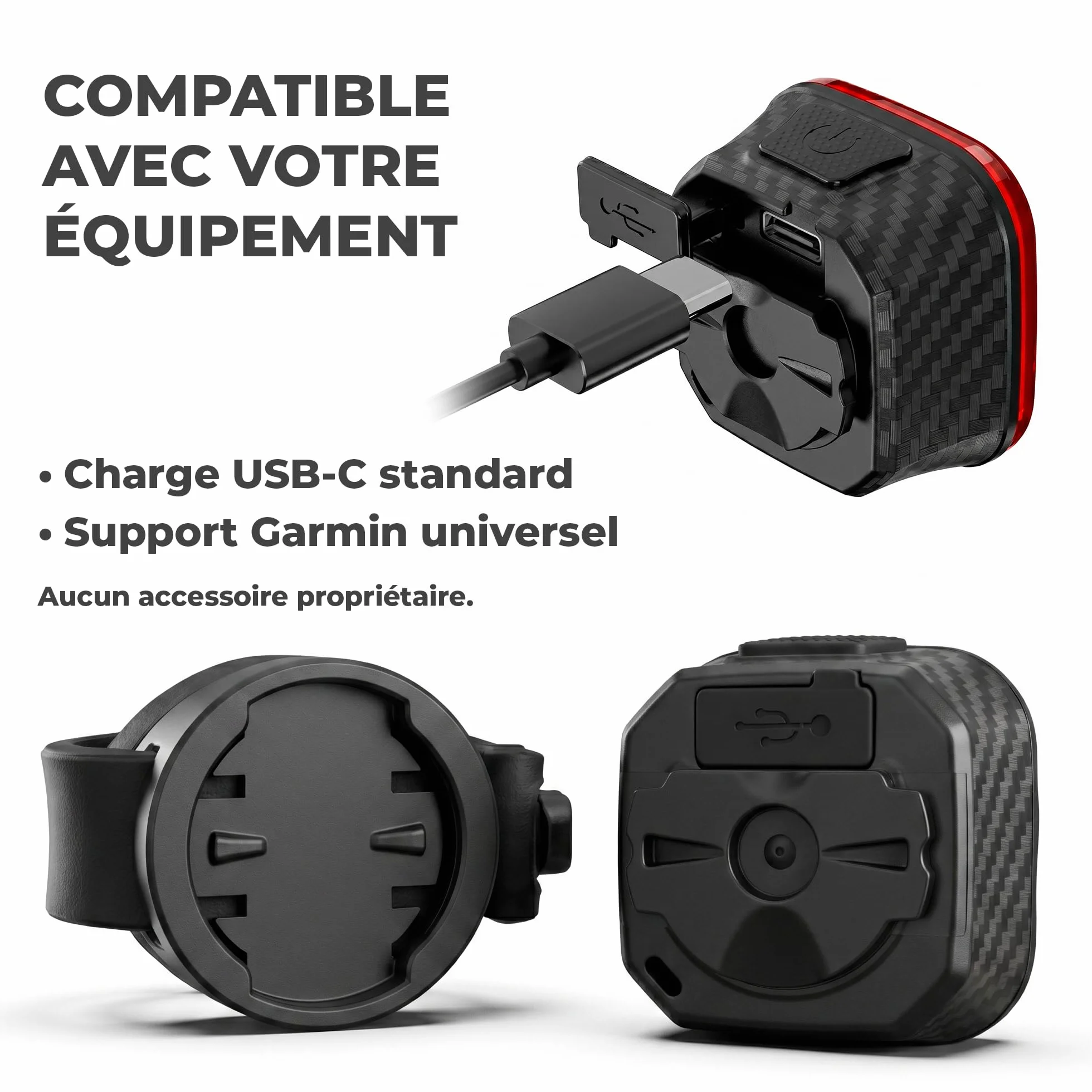 Feu Arrière Vélo LED Clignotant 60 Lumens - Fixation Ultra-Solide Anti-Vibration - IPX6 Étanche - USB-C Rechargeable - Allumage Automatique - Système Compatible Garmin - Vonkra T60
