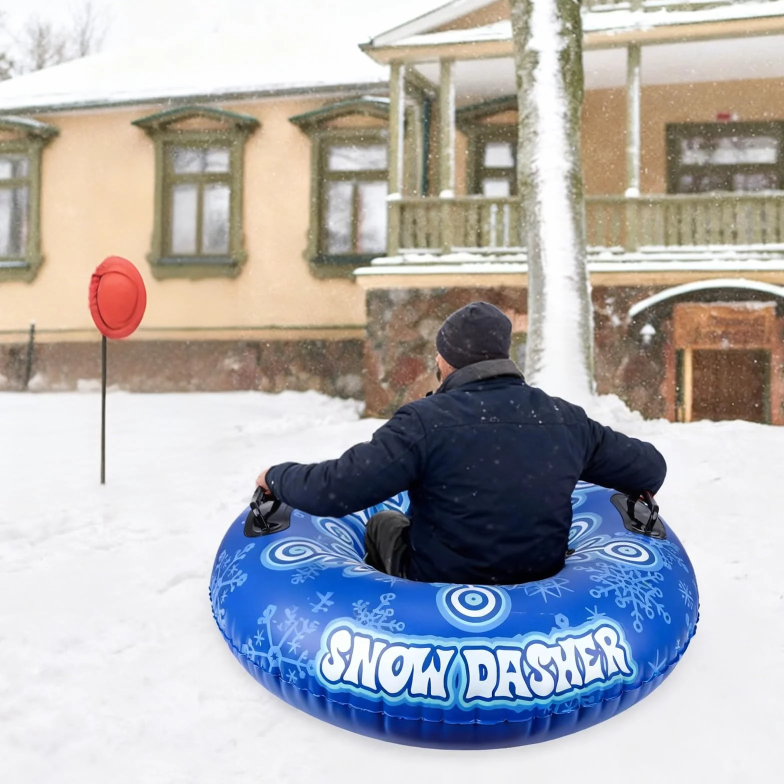 Tube de Neige Luge Gonflable Robuste 90 cm Tube de Neige Gonflable en PVC Tube de Ski Gonflable pour Adultes Anneau de Ski Gonflable Bleu avec poignées Jeux de Sport d'hiver en Plein air Ski Luge