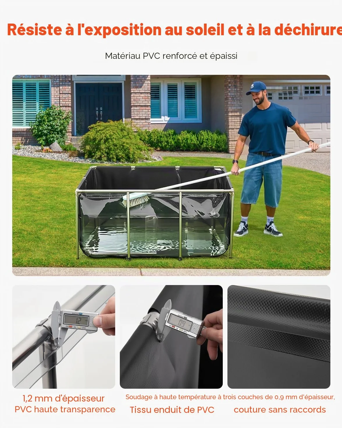 VEVOR Bassin à Poissons Hors Sol 1023,3 L PVC Toile avec Panneau Transparent Cadre Acier Inoxydable Vanne de Vidange Noir