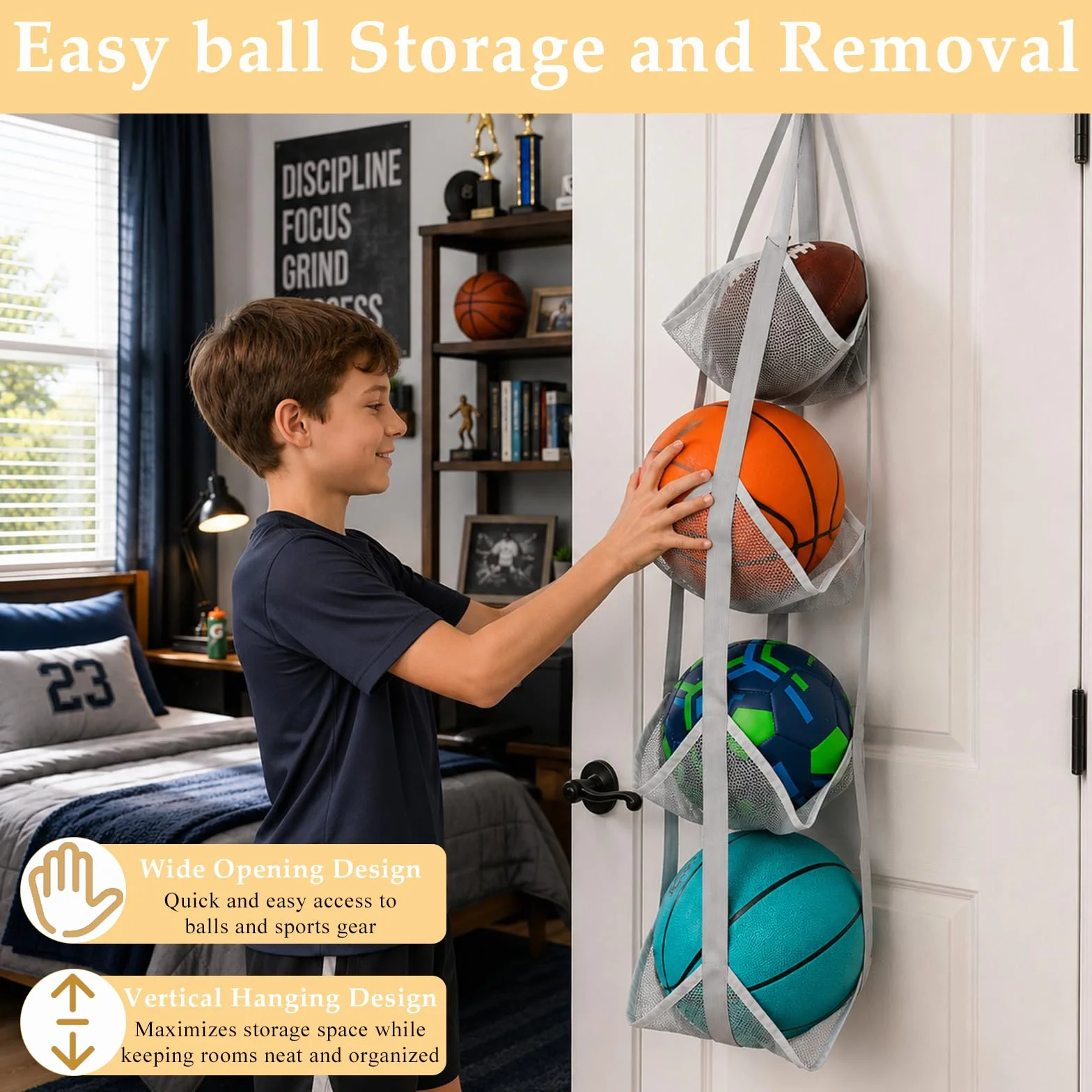 ONEJI Organisateur de Ballons en Filet à 4 Niveaux, Support de Ballons Vertical à Fixation sur Porte pour Basket, Football, Volleyball, Jouets, Rangement Gain de Place pour Garage, Maison et sous-Sol