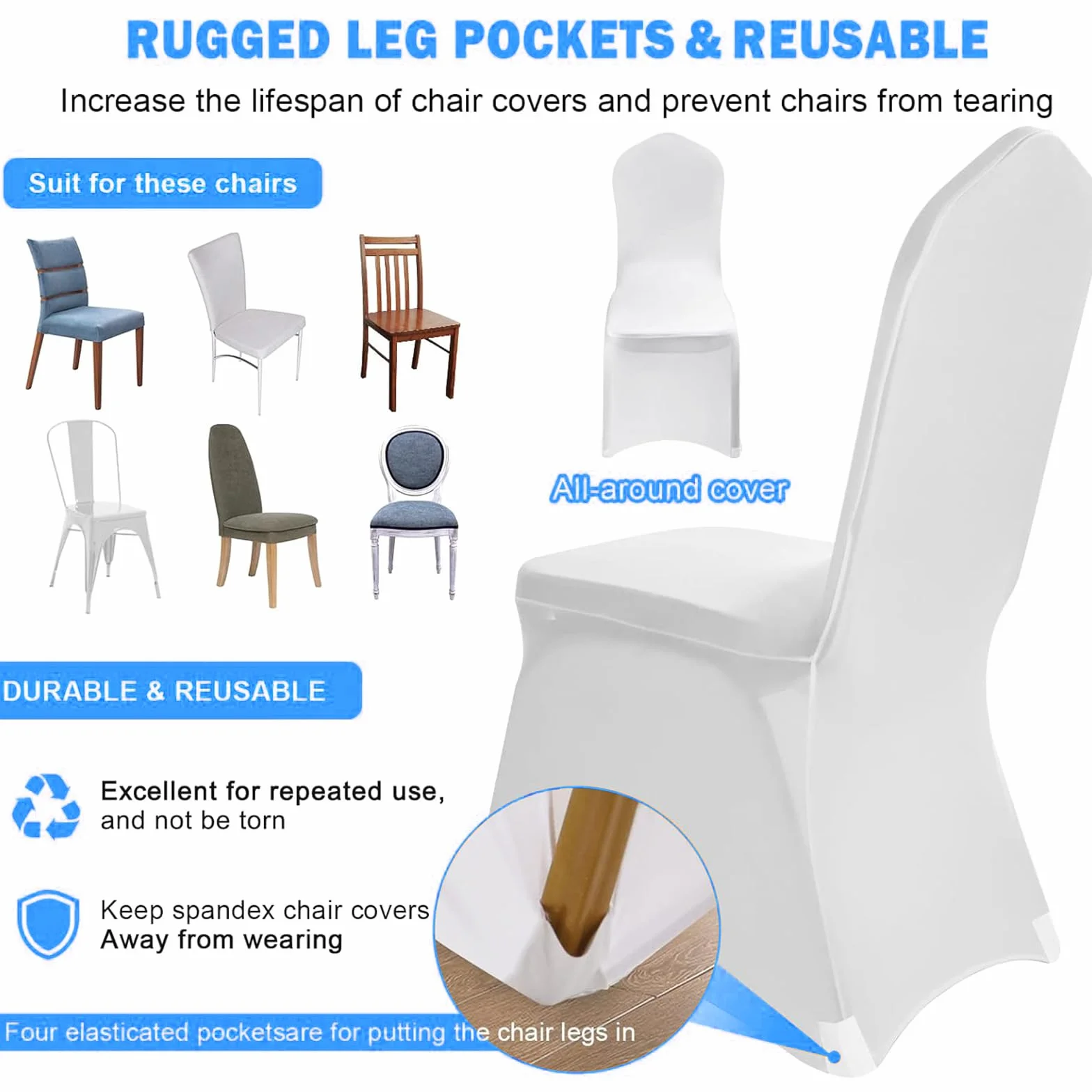 Housses de Chaises Blanches en Polyester Spandex 100 Pièces pour Mariages Fêtes Banquets