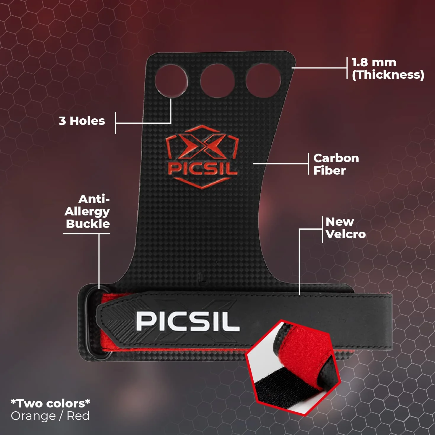 PICSIL Maniques RX Grip en Fibre de Carbone avec Magnésie 3 Trous Orange S pour Cross Training Gymnastique