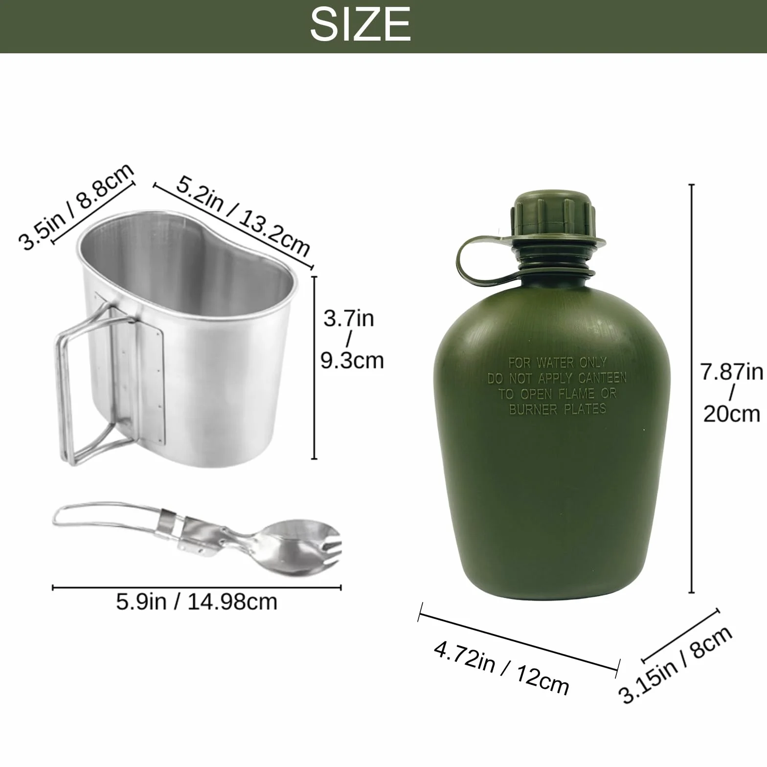 BeGrit Bouteille d'eau militaire avec bouteille d'eau de 1 L pliable en aluminium avec poignée et sac de rangement pour la survie en plein air, la randonnée, la randonnée (vert)
