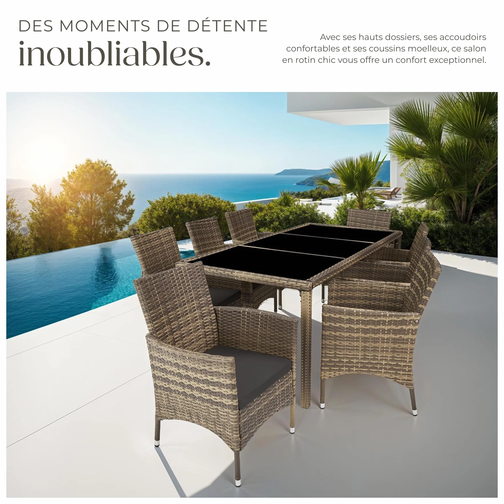 Tectake Salon de Jardin Poly Rotin Table 8 Fauteuils Chaises Housse Protection Marron Naturel Gris Foncé
