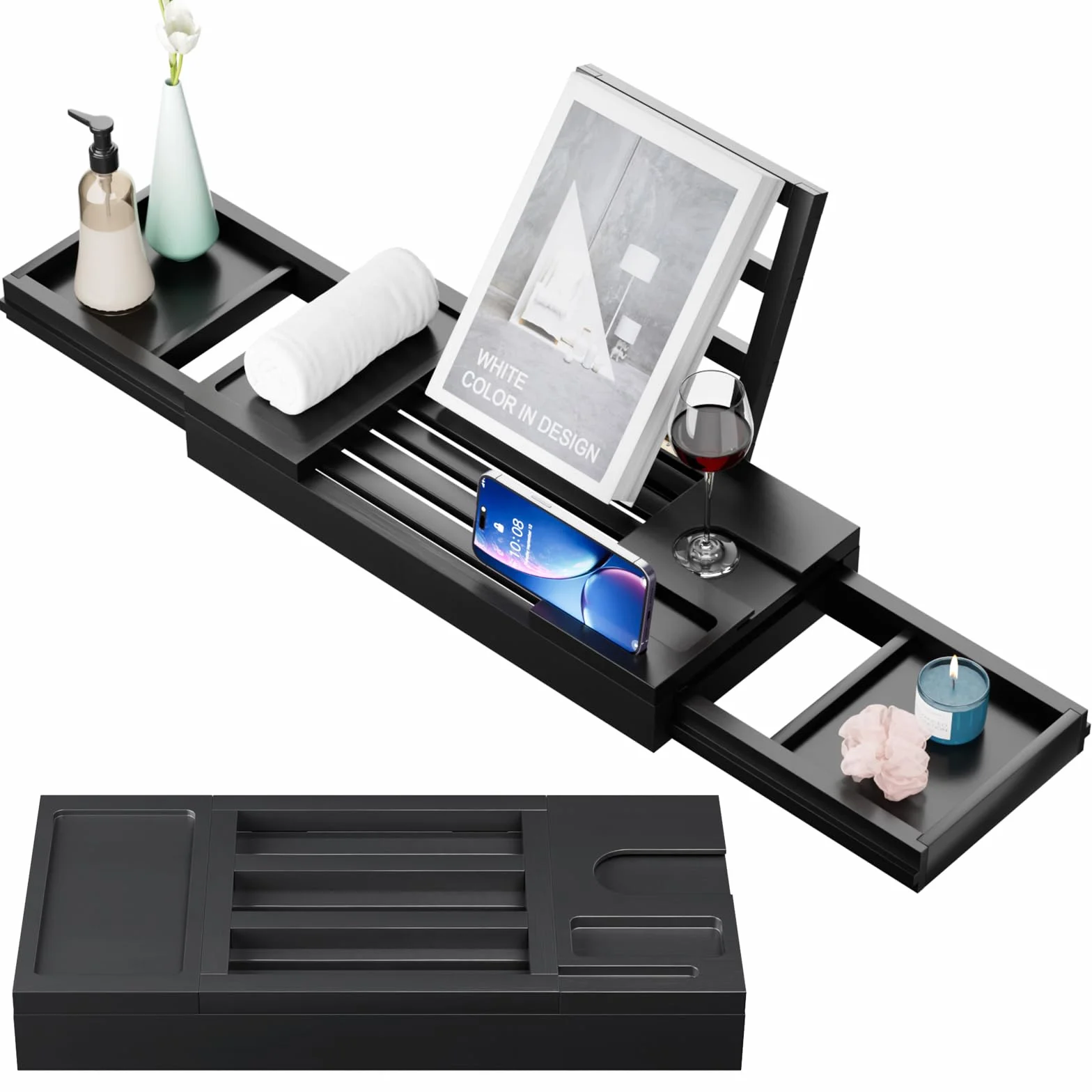 Plateau de baignoire en bambou extensible étanche Noir