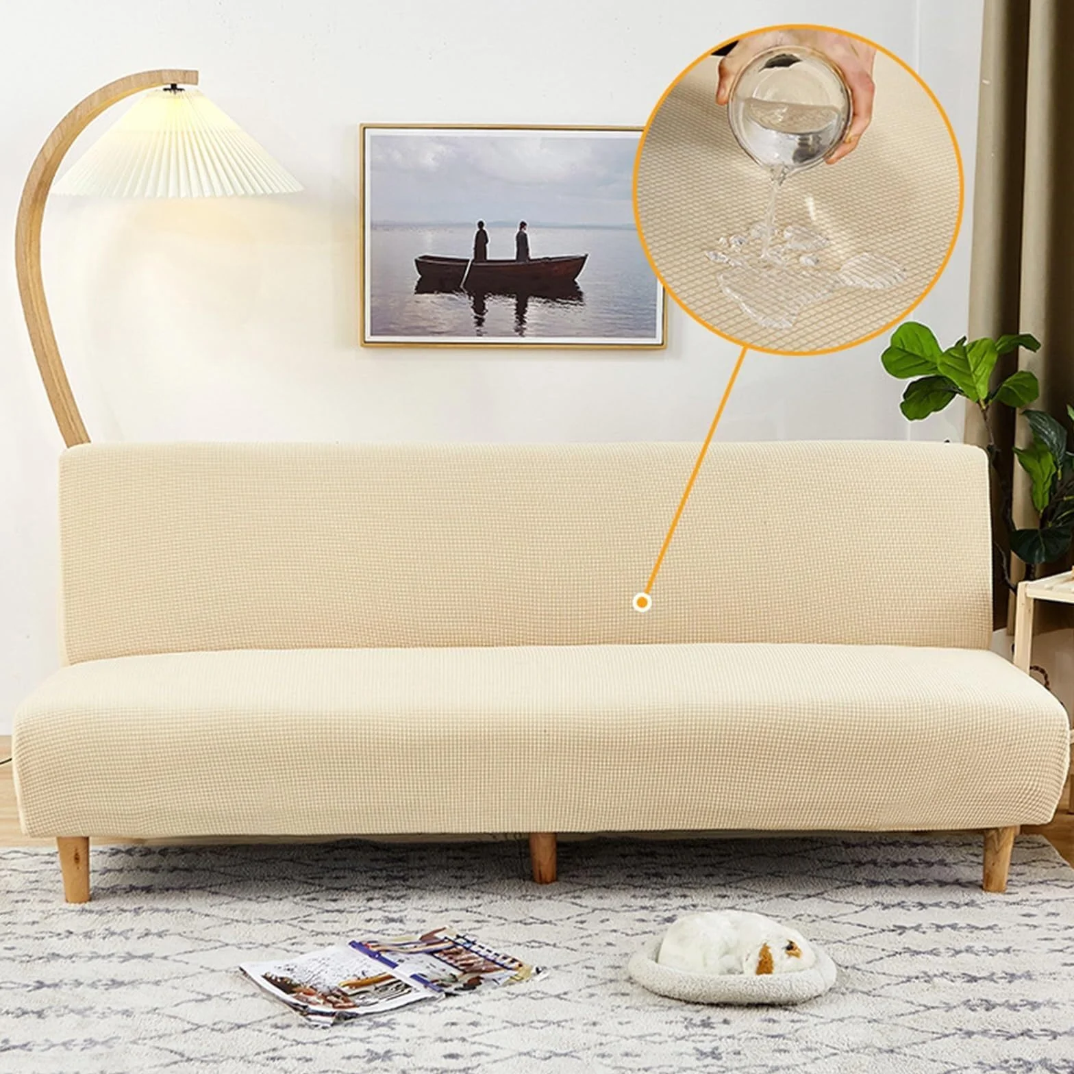 Housse de Canapé sans Accoudoirs 2-3 Places Jacquard Extensible Imperméable Résistant aux Taches Clic Clac Beige 160-190cm