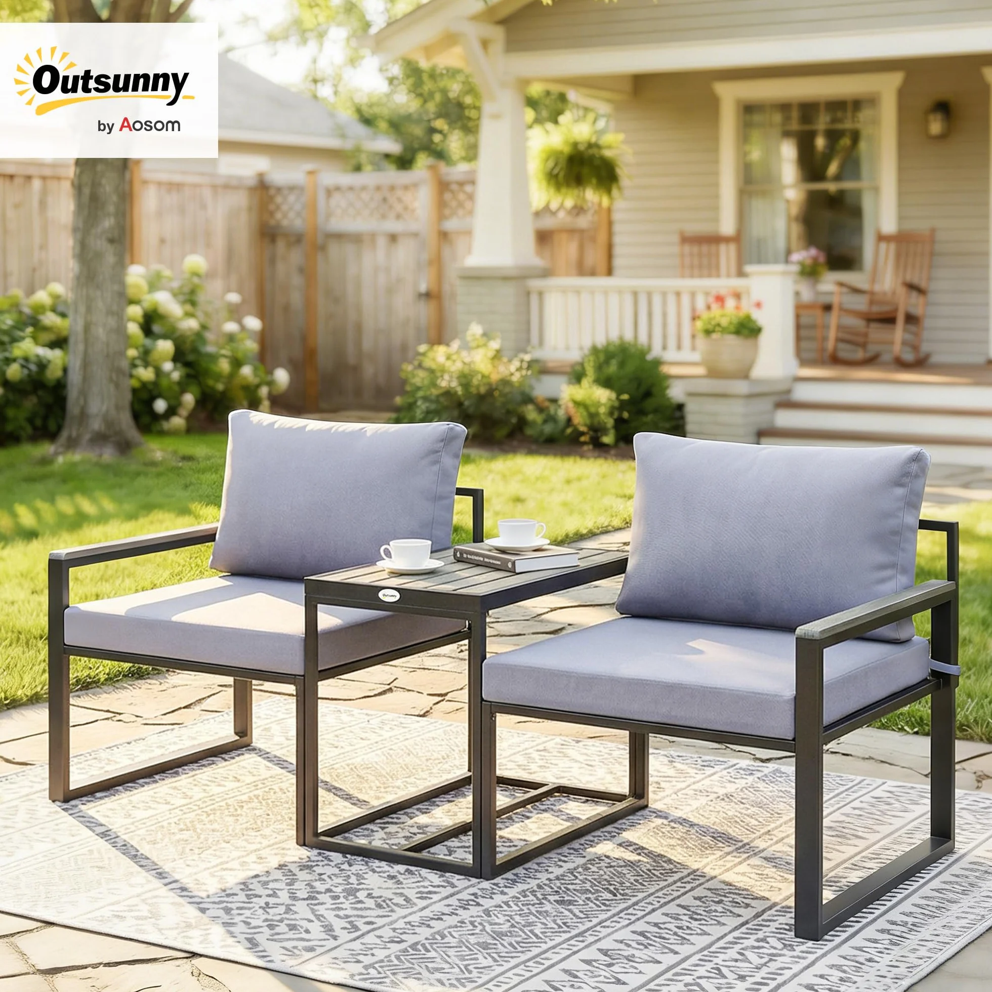Outsunny Salon de Jardin 3 pièces avec Coussins 14cm, Fauteuils et Table d'appoint, Gris