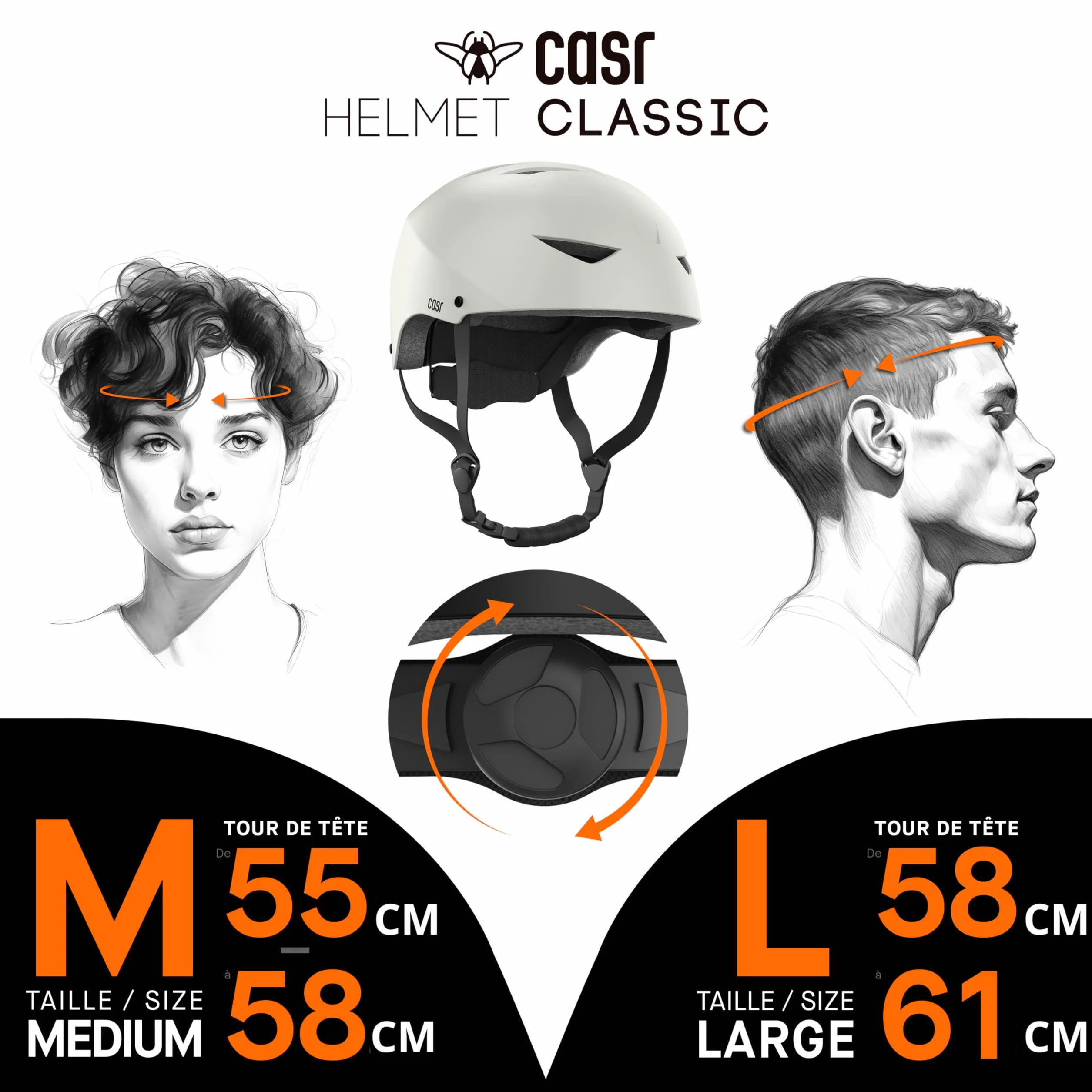 Casque Bol Certifié EPI CASR Classic pour Skate Vélo Trottinette Électrique - Clip de Serrage Ajustable Sangles Nylon