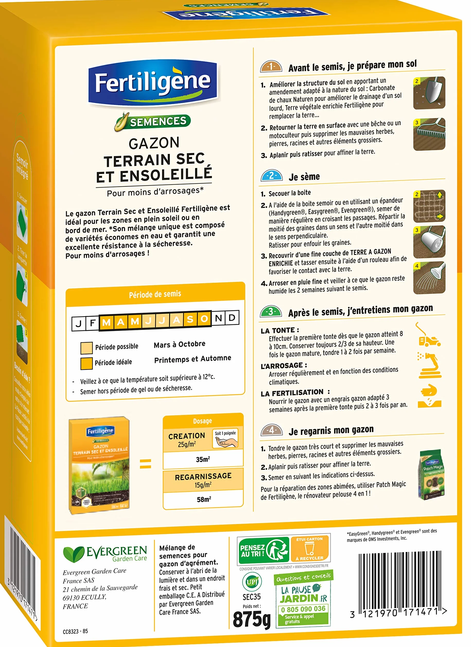 FERTILIGÈNE Semences Gazon Terrain Sec Ensoleillé 875g Haute Résistance Sécheresse Chaleur Moins Arrosage 35 m²