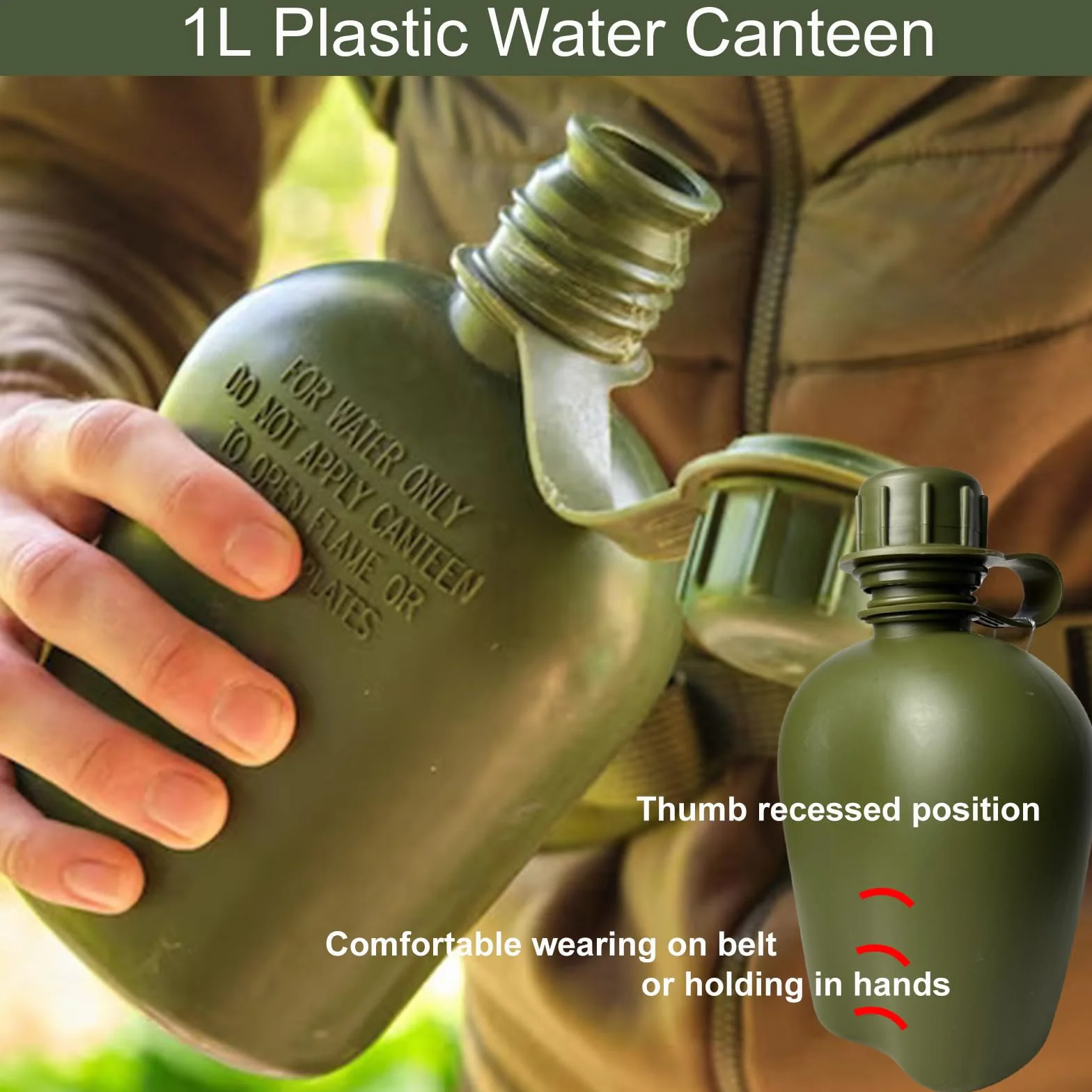 BeGrit Bouteille d'eau militaire avec bouteille d'eau de 1 L pliable en aluminium avec poignée et sac de rangement pour la survie en plein air, la randonnée, la randonnée (vert)