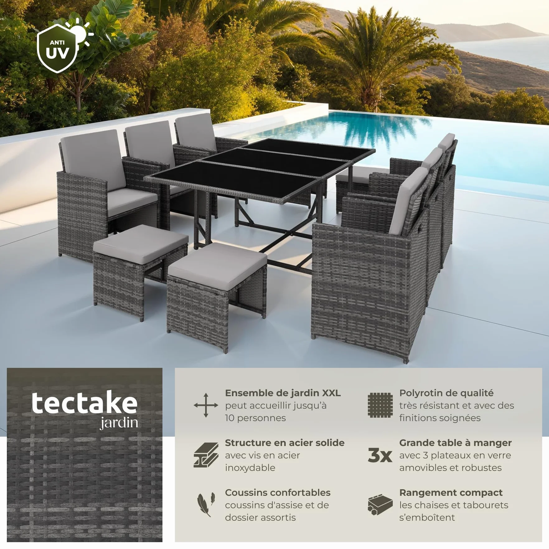 tectake Salon de Jardin Résine Tressée Poly Rotin Table 10 Personnes 6 Fauteuil 4 Tabouret Pouf Housse Protection