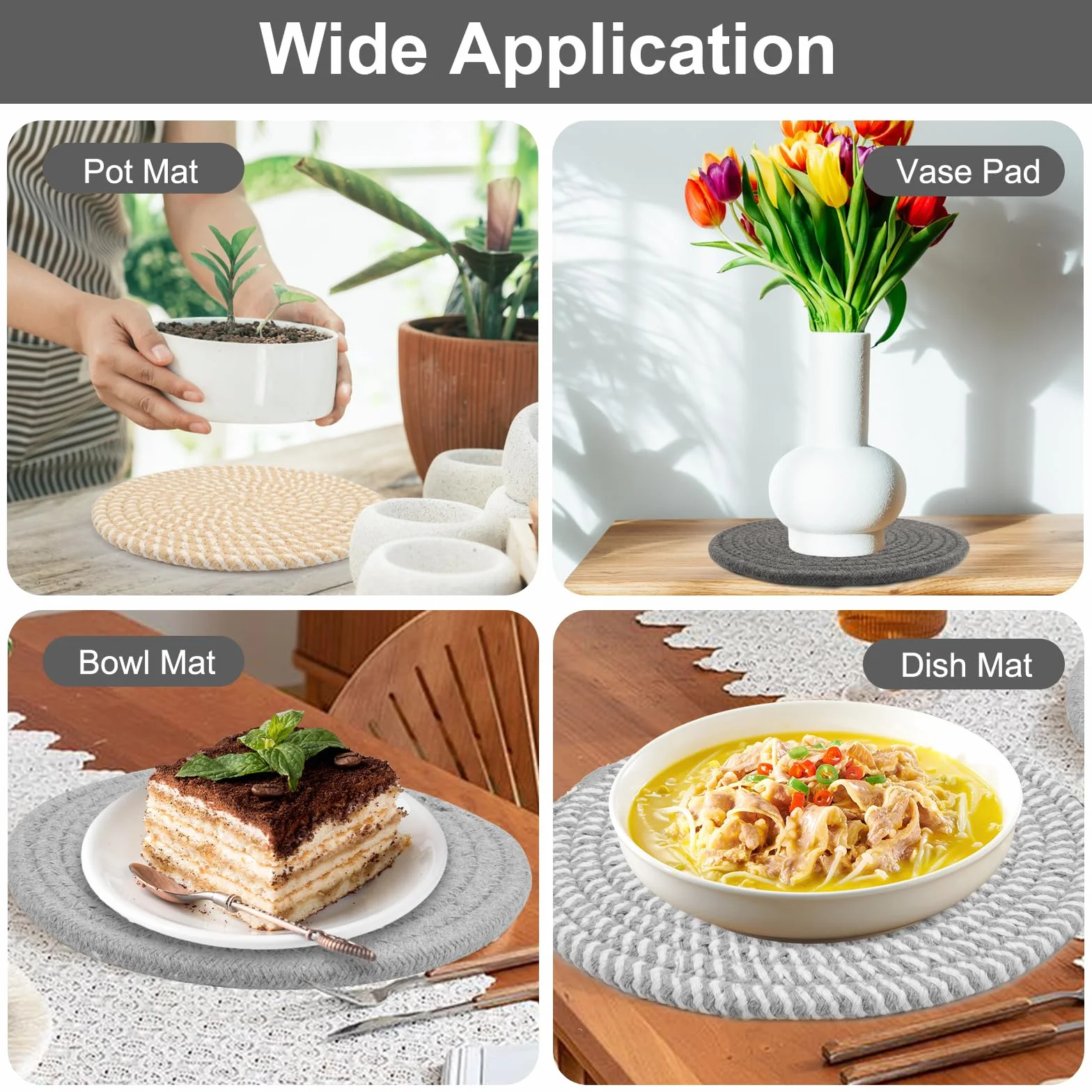 Lot de 4 Dessous de Plats Résistants à la Chaleur 18 cm en Coton Tissé Ronds