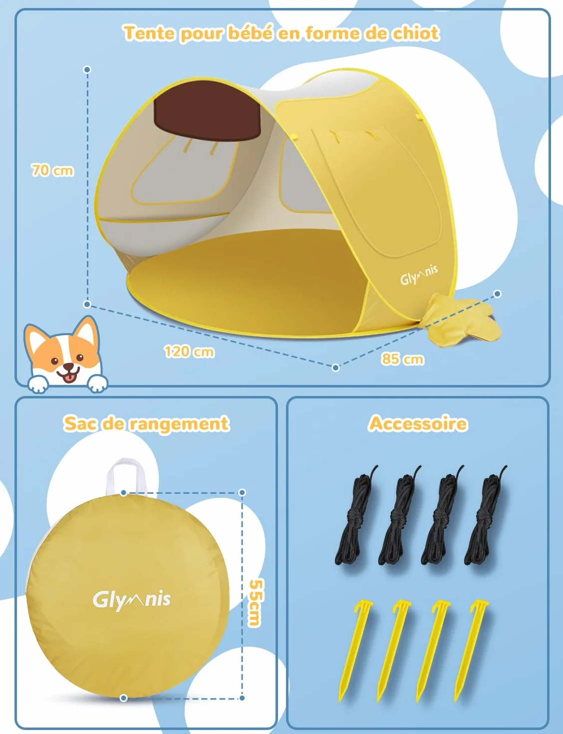 Glymnis Tente Anti UV Bébé, Tente de Plage Pop Up - Anti-UV, Haute Protection Solaire UV 50+, Ventilation - Jaune