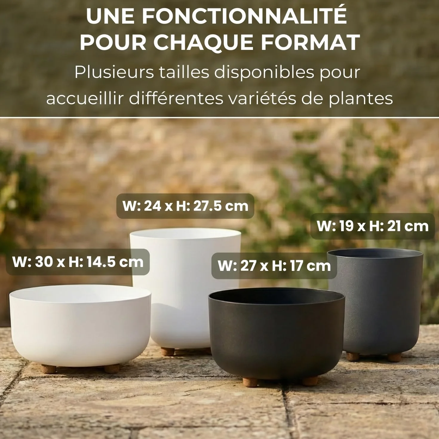 Lamela Pot de Fleurs Rond sur Pieds Plastique Robuste Ø 30 cm H 14,4 cm 7,7 L Blanc Intérieur Extérieur