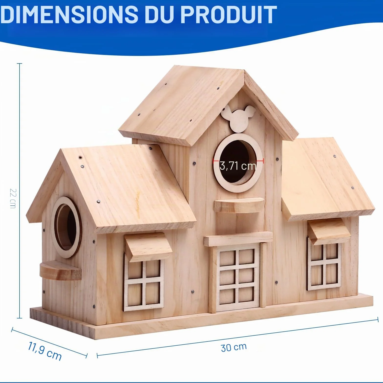 Nichoir à oiseaux décoratif en bois pin naturel double entrée