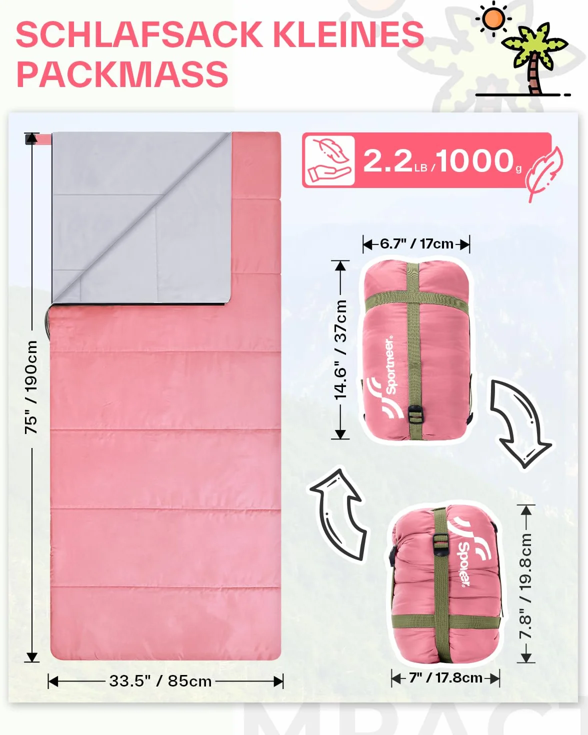 Sac de Couchage: Sportneer l'été Sac de Couchage Adulte 15℃~25℃ Compact Ultralight Enfant Adulte pour Camping Hiking Trekking Randonnée Extérieur