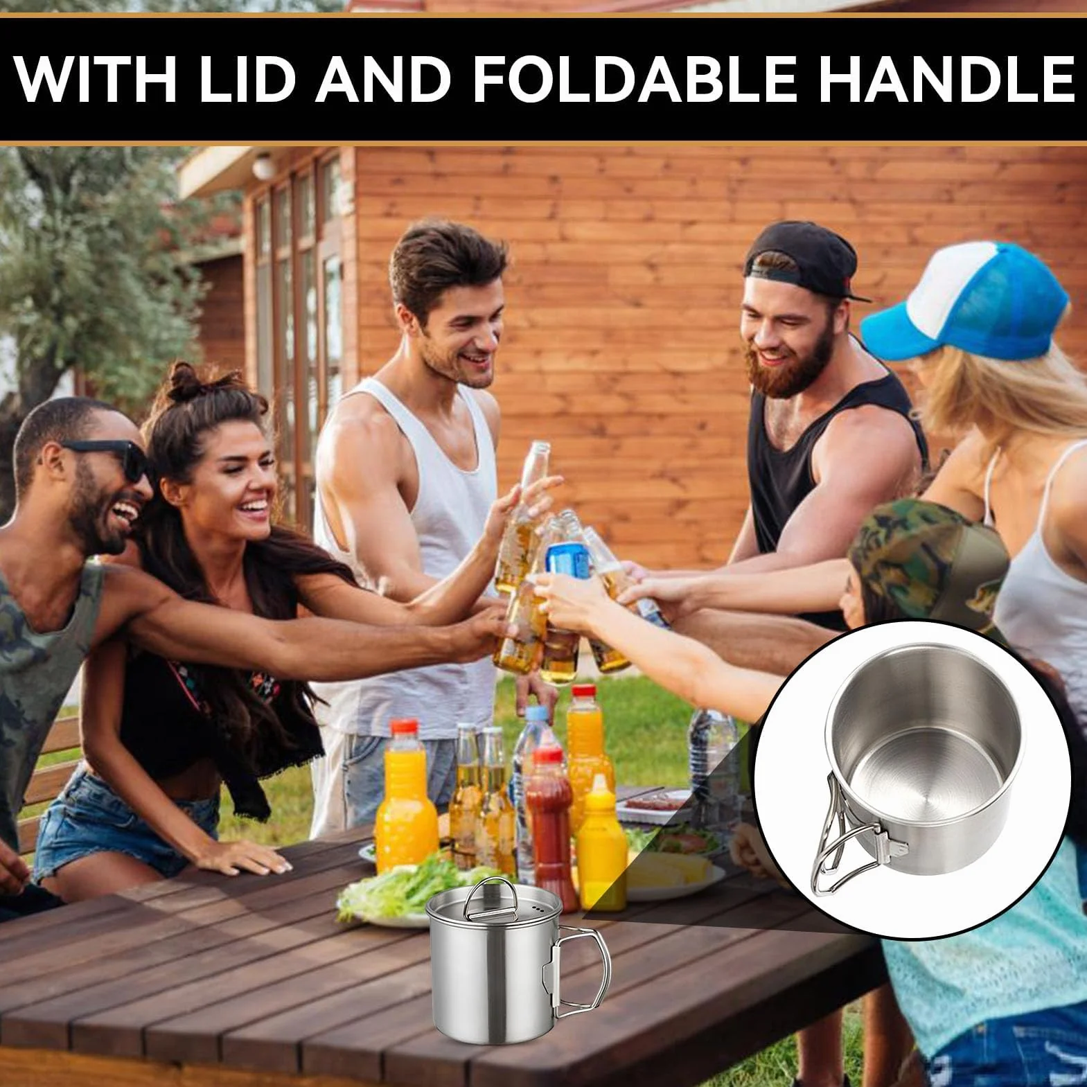 HERCHR 350ml Tasse de camping, tasse à eau en acier inoxydable avec poignées pliables et couvercle portable et résistante à la chaleur tasse à café isotherme pour le camping en plein air