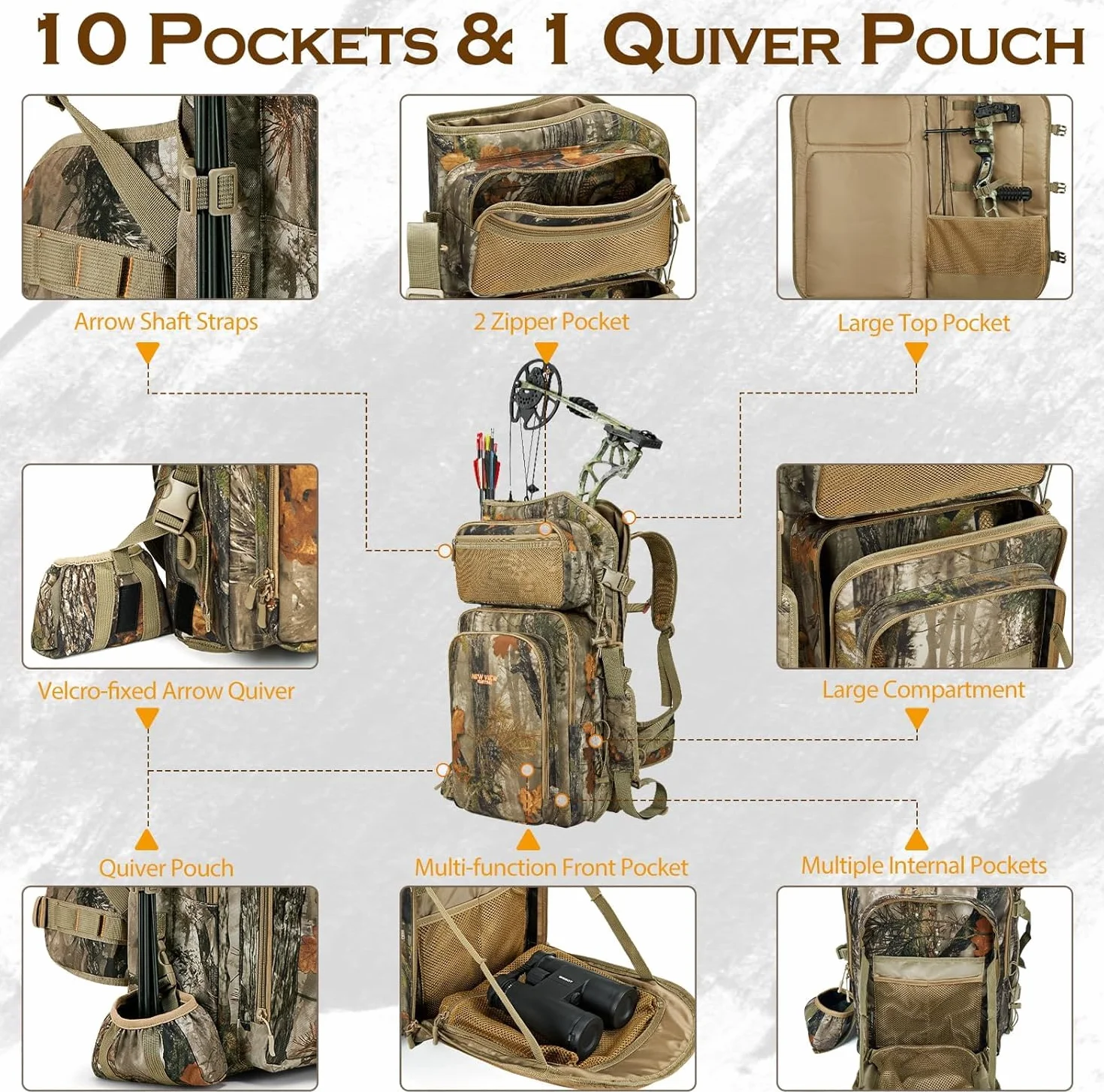 Sac à dos de chasse à l'arc pour homme - Motif camouflage - Sac à dos composite avec support pour archet - Pour élan, dinde, ours et cerf (version mise à jour)