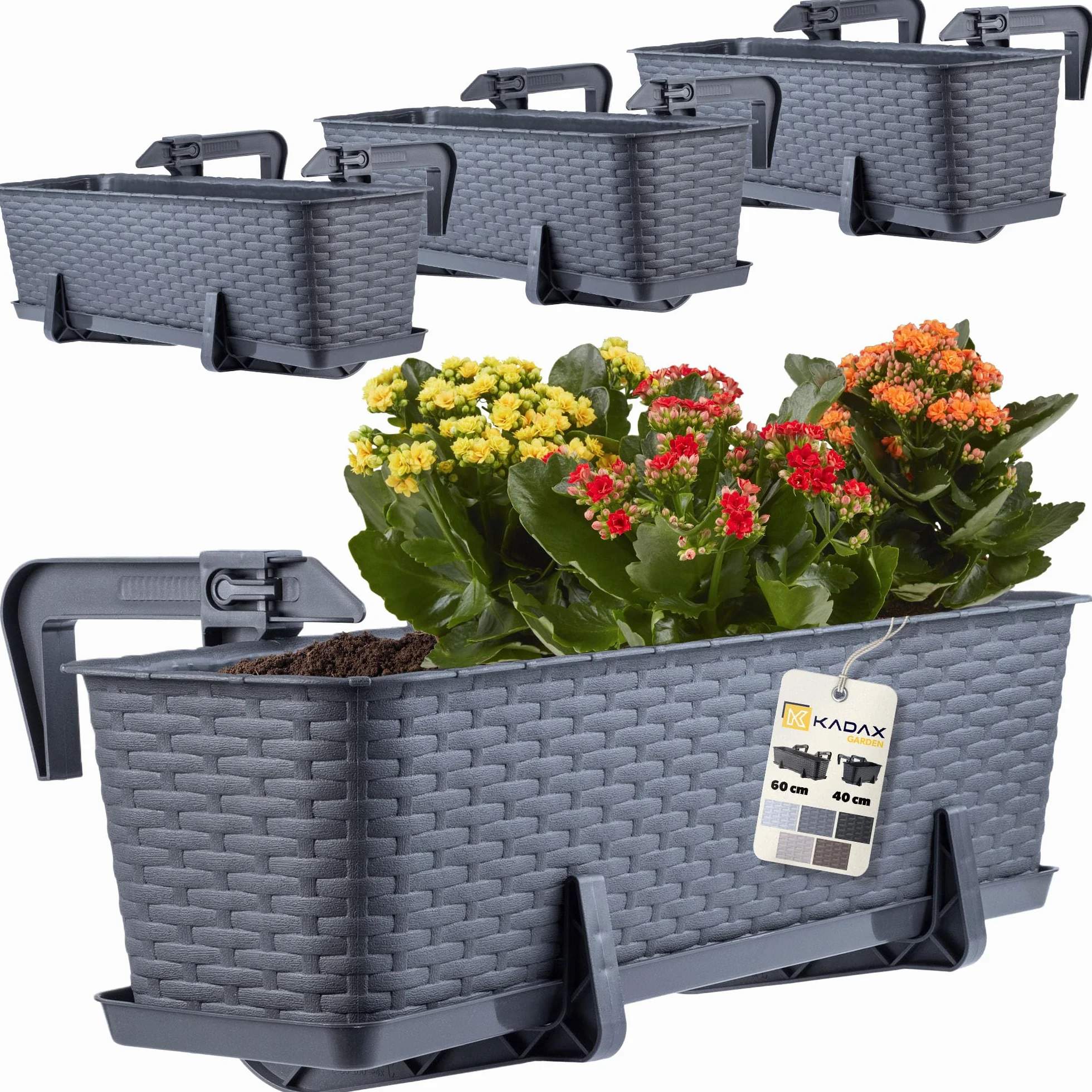 KADAX Lot de 4 jardinières 60 cm Plastique Graphite - Rectangulaires avec supports de fixation