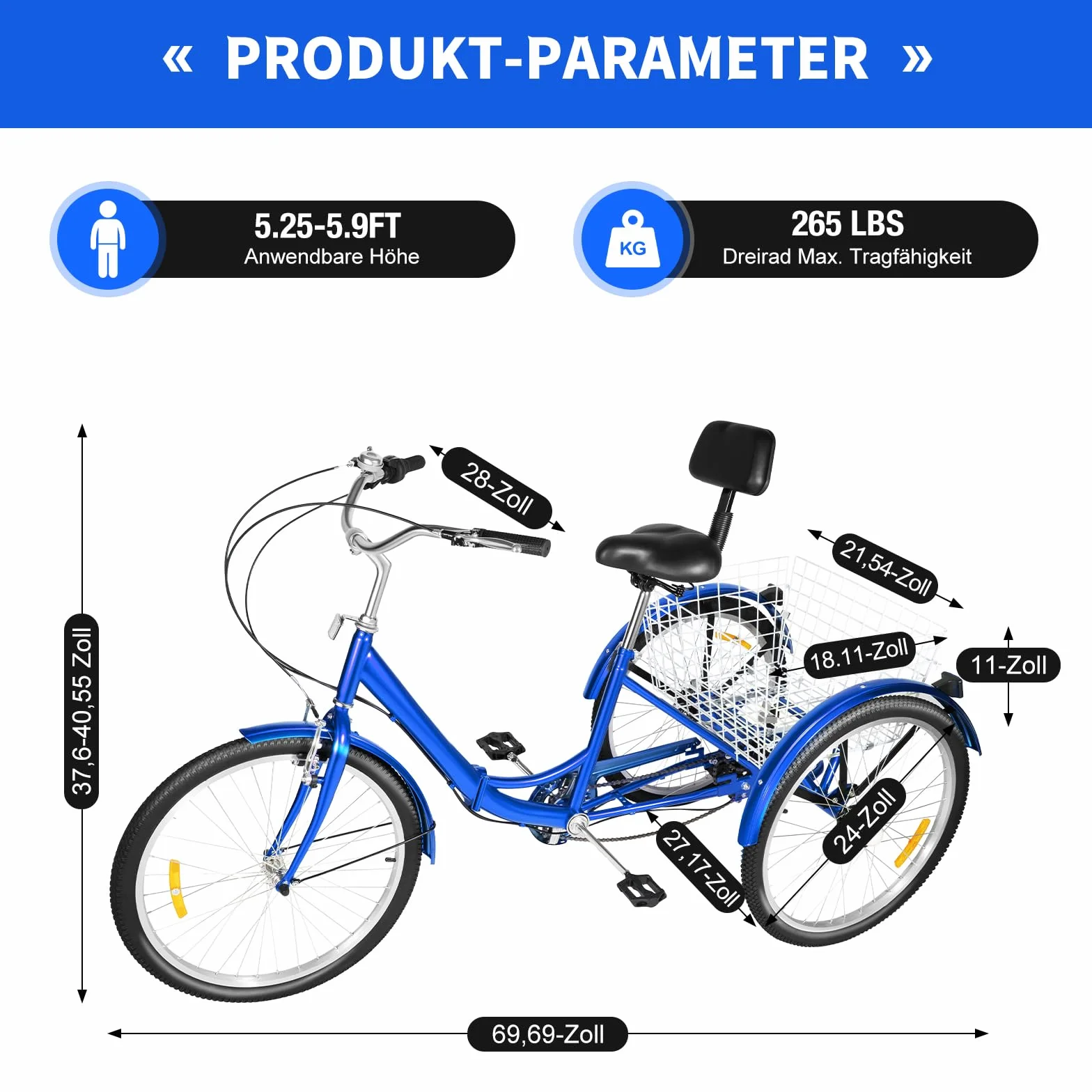 Tricycle pliable pour adulte 24 pouces 7 vitesses - 3 roues - Charge maximale : 120 kg - Vélo de ville - Vélo de trekking - Cruiser - Hauteur réglable - Frein en V - Avec panier de 25 kg - Sonnette