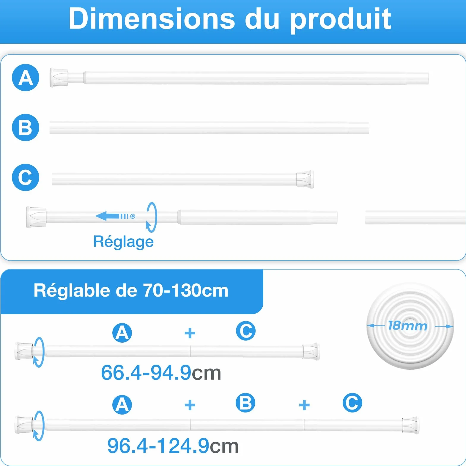 AIZESI Barre Rideau Extensible Sans Perçage Blanche 70-130 cm Diamètre 13 mm Charge Maximale 2 kg