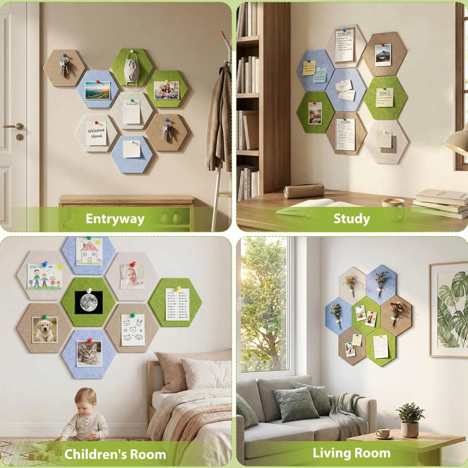 Tableau d'affichage en feutre hexagone 8 pièces avec 50 punaises murales autocollantes pour photos décoration