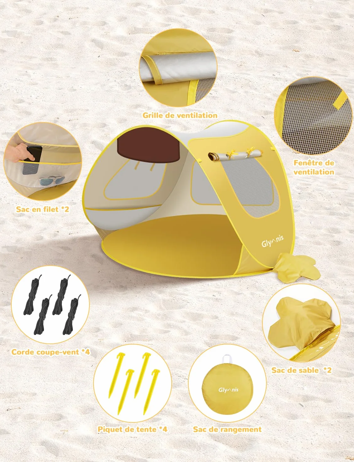 Glymnis Tente Anti UV Bébé, Tente de Plage Pop Up - Anti-UV, Haute Protection Solaire UV 50+, Ventilation - Jaune