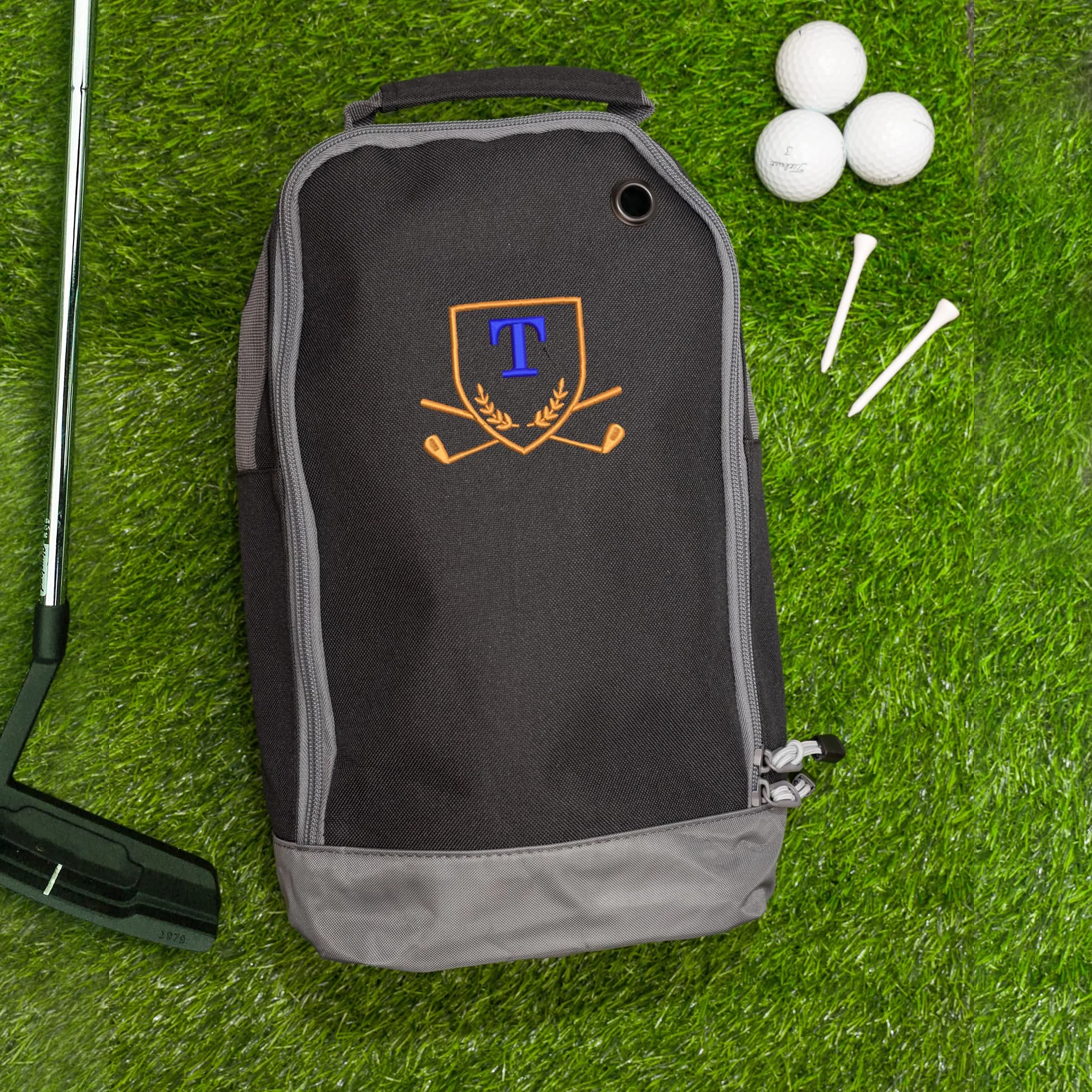 Sac à chaussures de golf brodé monogrammé Noir 35x19x12cm