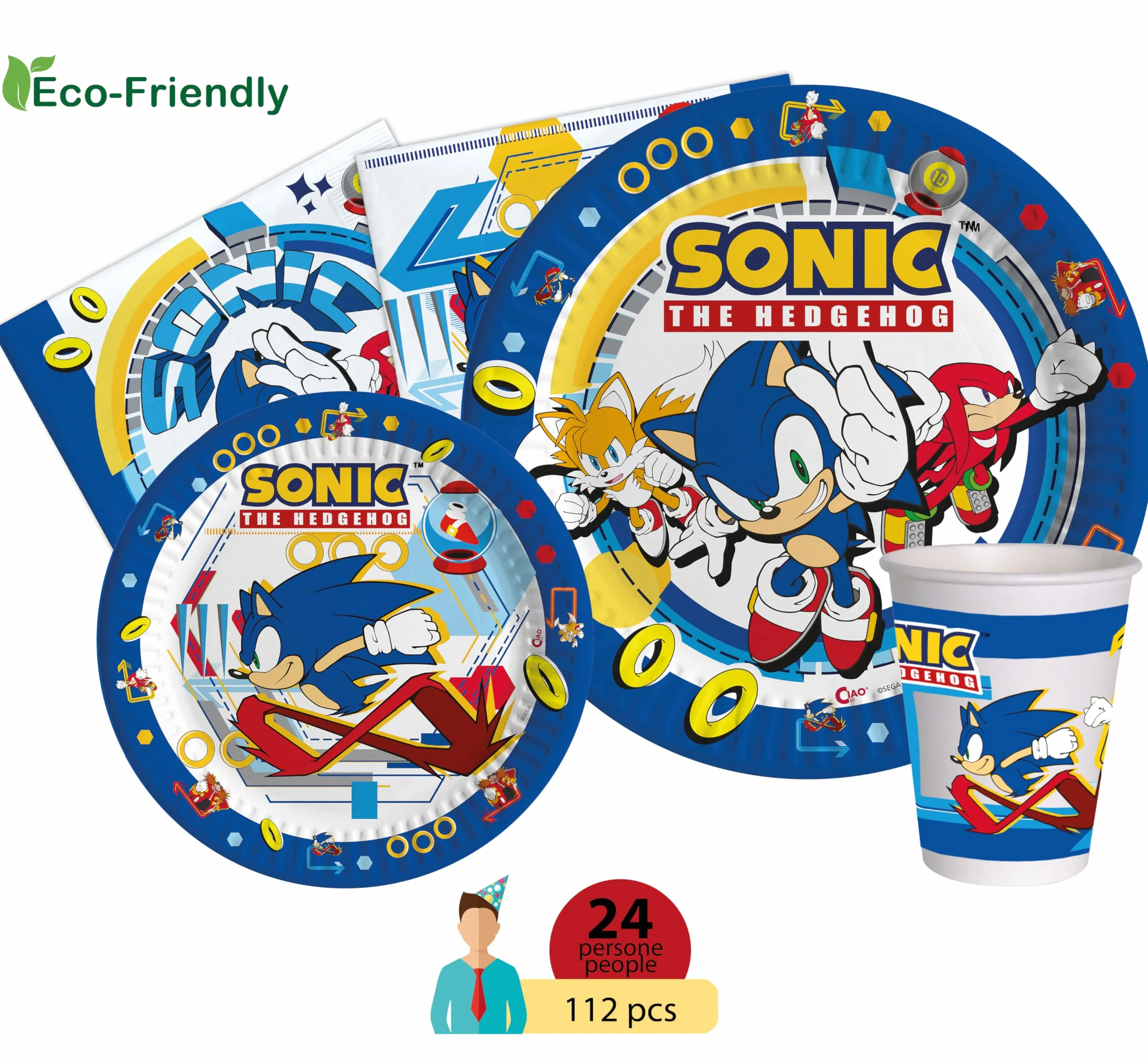 Sonic the Hedgehog Party-Set für 24 Personen 112-teilig Pappteller Becher Servietten kompostierbares Papier