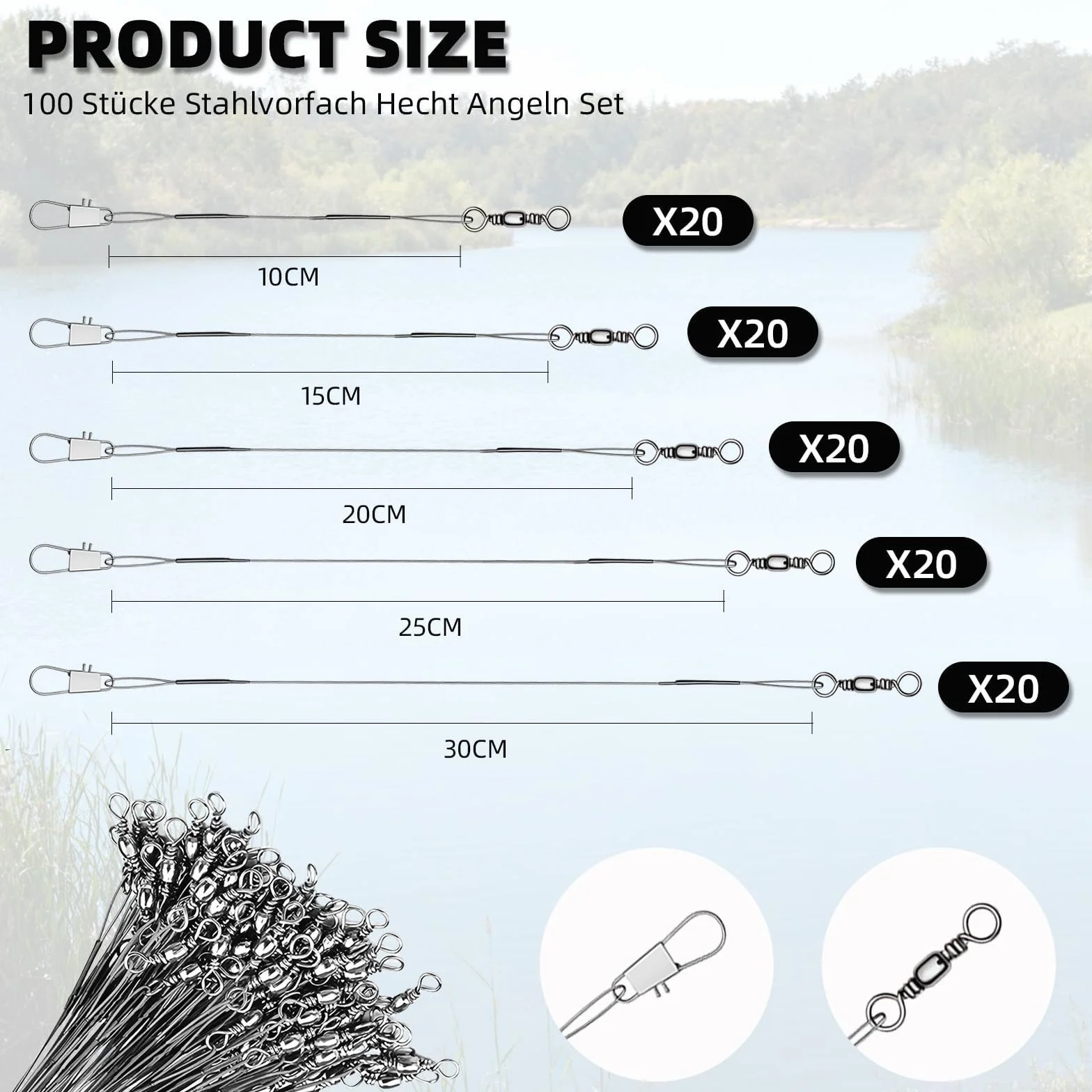 Lot de 100 bas de ligne pour brochet en acier avec émerillons et clips, bas de ligne en acier inoxydable pour la pêche au lancer, 5 tailles, bas de ligne indéchirable pour poissons prédateurs
