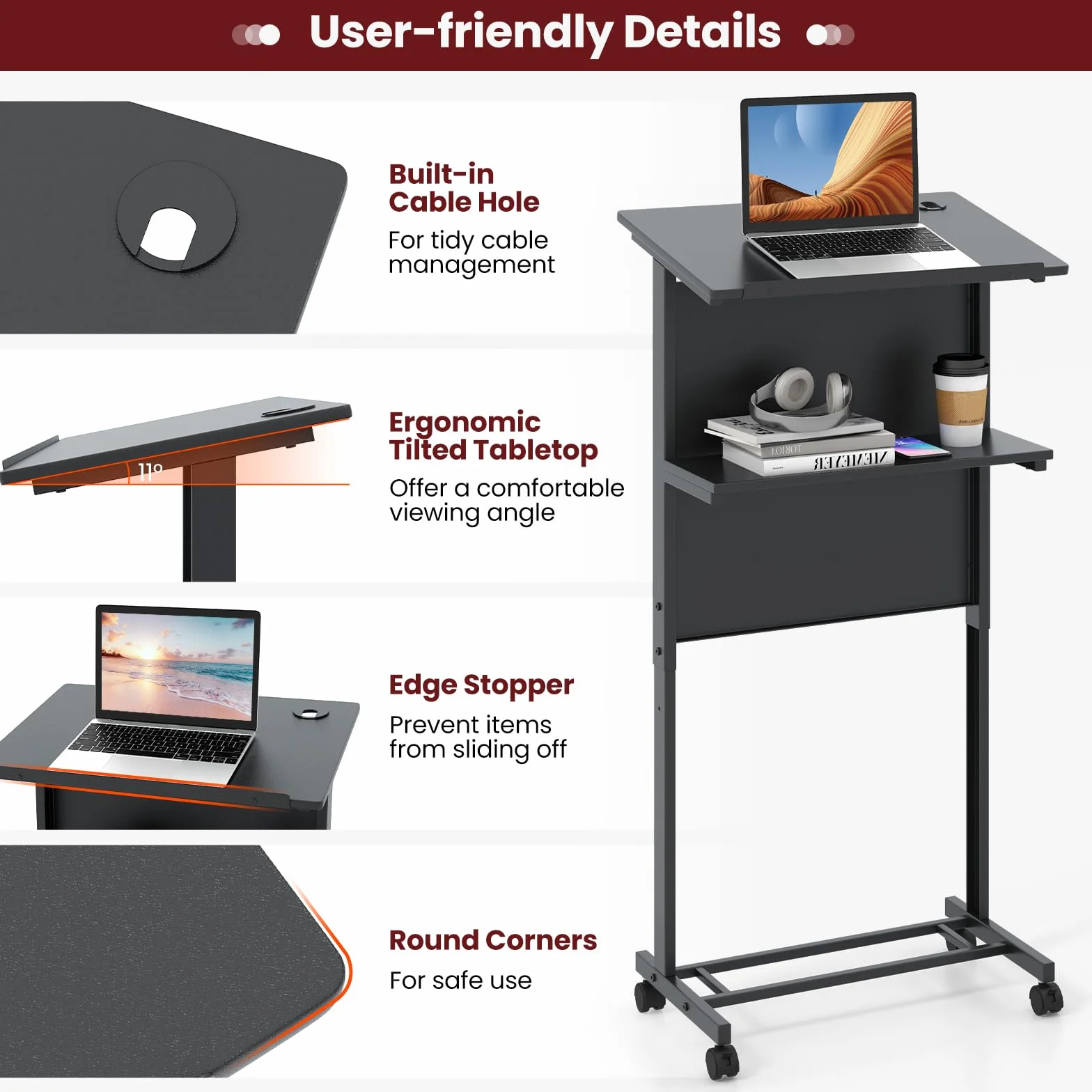 FANTASK Pupitre à roulettes réglable en hauteur avec plateau incliné, Table pour ordinateur portable, Noir