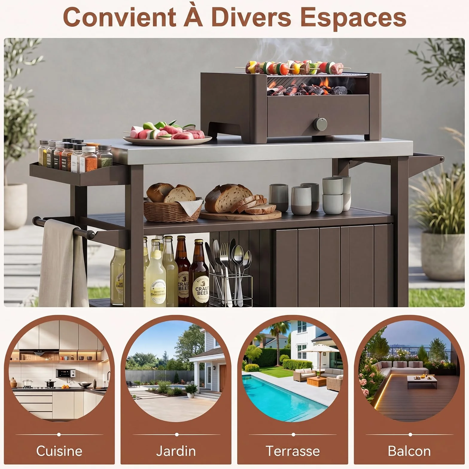 COSTWAY Chariot de Barbecue Extérieur Acier Inoxydable avec Rangement 116x50x87 cm