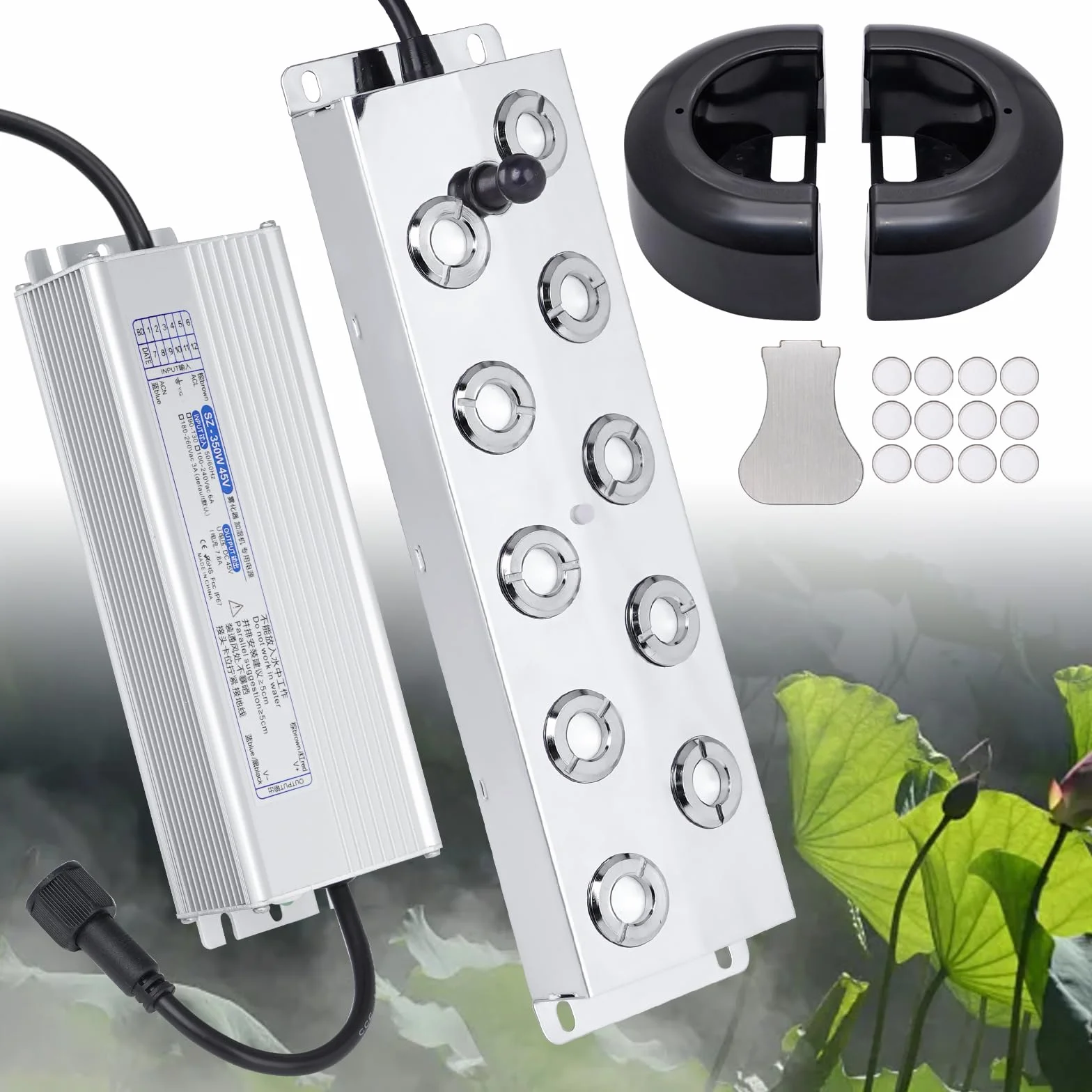 Nébuliseur à brouillard ultrasonique 10 têtes 7L/H 350W avec bouée et disques de rechange