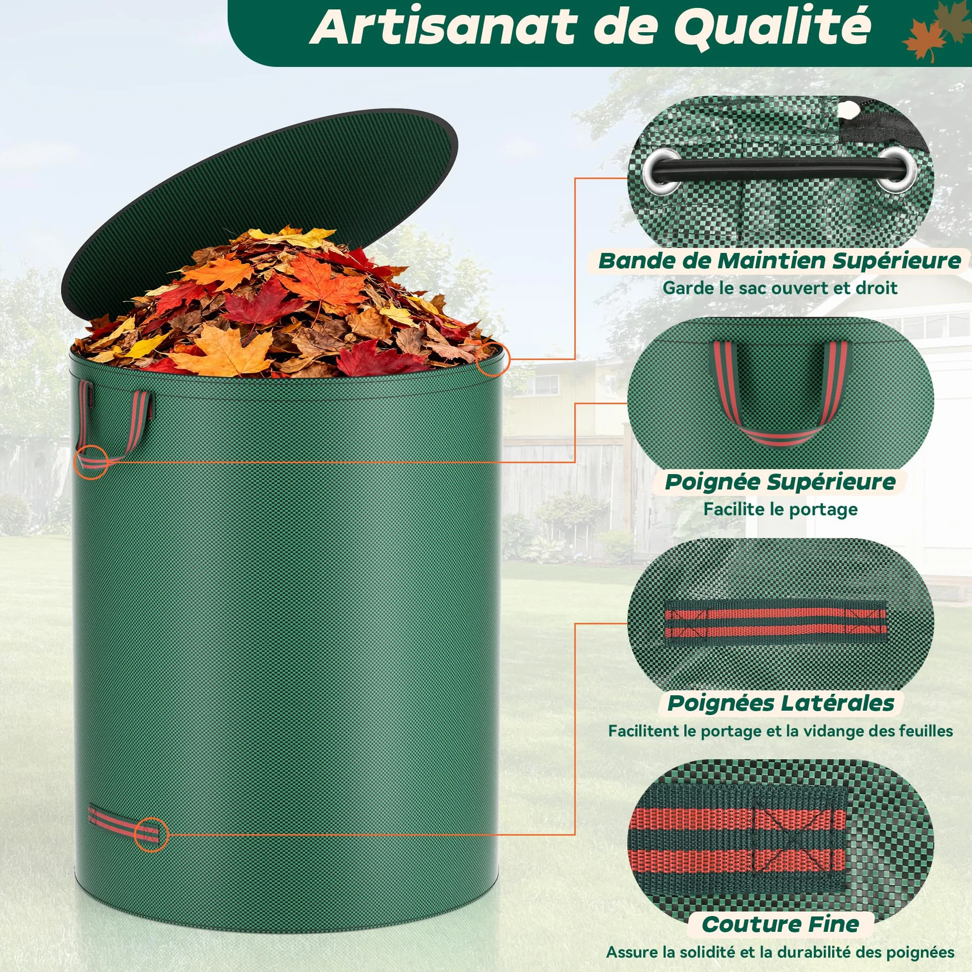 Sac Jardin 272 L Avec Couvercle Et Gants - 3 Sacs Déchets Verts