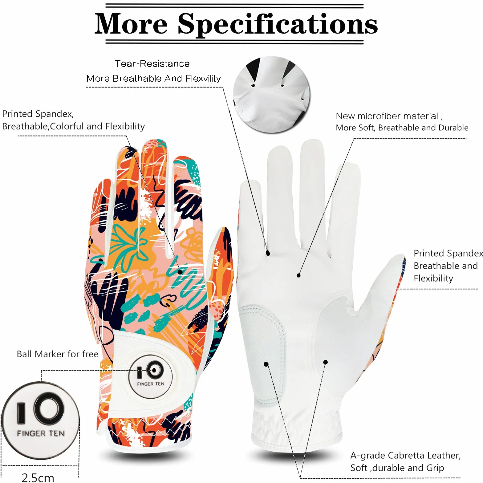 FINGER TEN Gants de Golf Femme Main Gauche Droite Motif Imprimé Respirant Taille S M L XL