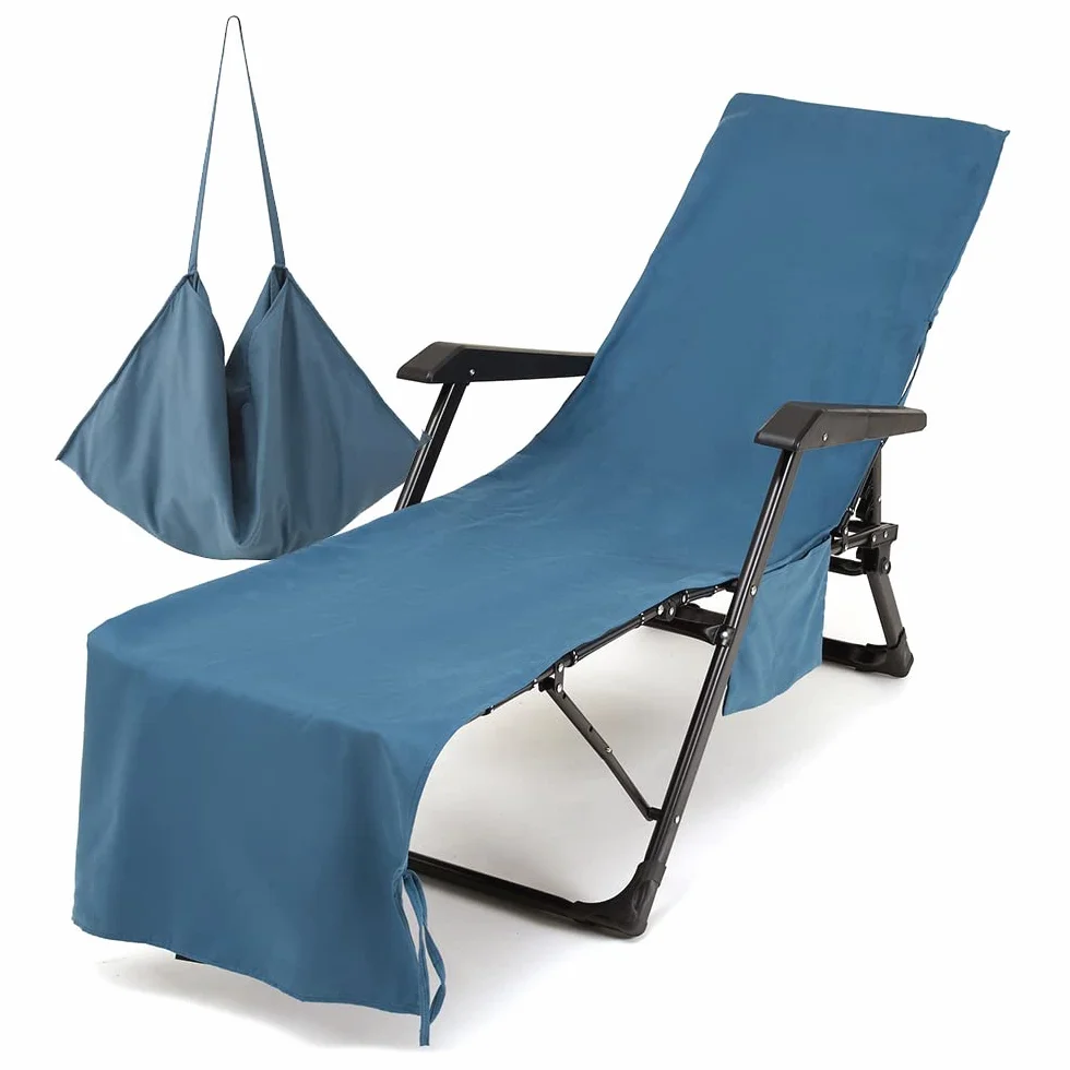Housse de Chaise Longue de Plage en Microfibre avec Poches Latérales 75x215cm Bleu Foncé