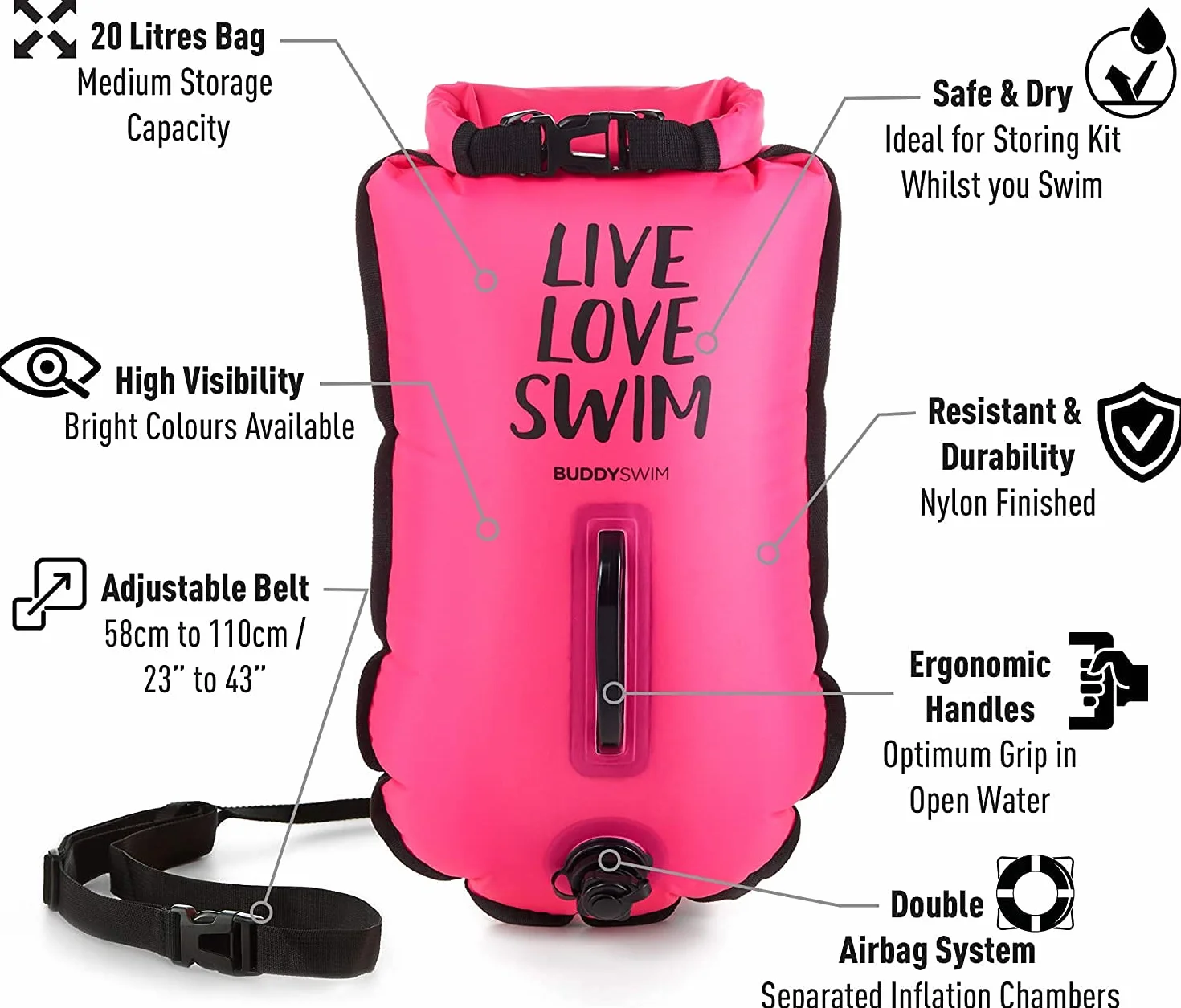 Set Bouée de Natation en Eau Libre 20 litres et Bonnet de Bain. Pochette Etanche pour la Natation en Eau Libre avec Sac Impermeable Etanche et Bonnet de Bain en Silicone.