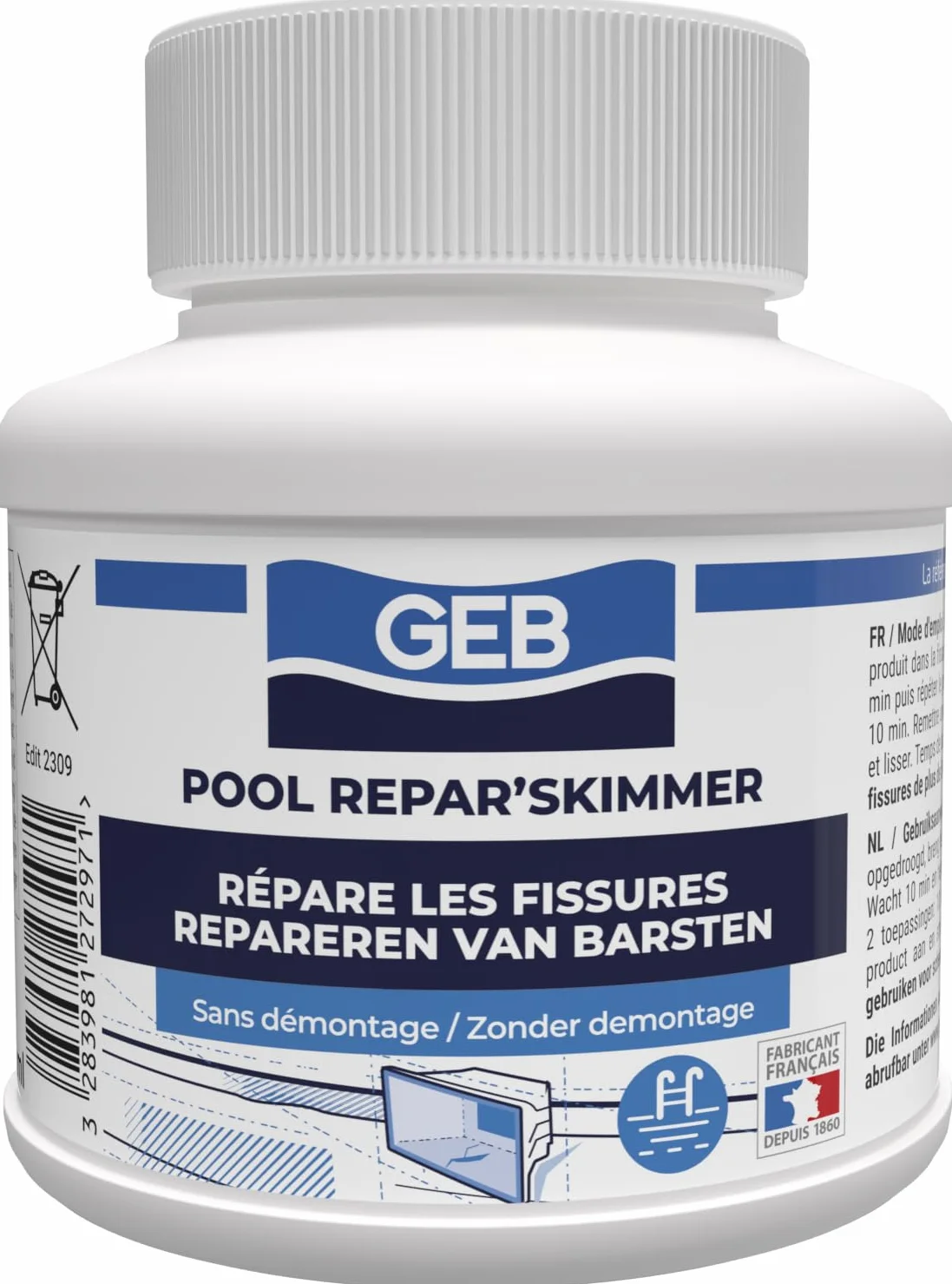 GEB Réparation skimmer piscine ABS Pot 125 ml Répare fissures 5 mm