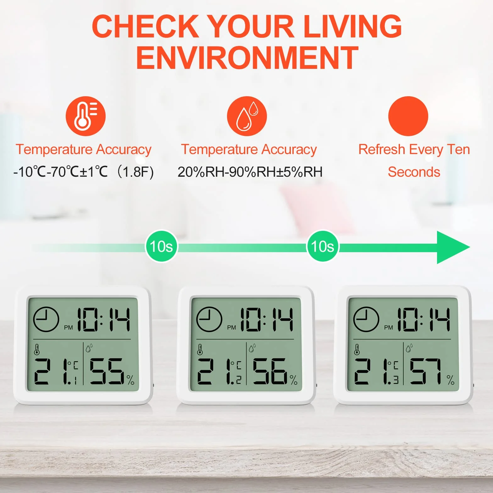 Gvolatee Thermometre Interieur Numerique Hygrometre Portable 2 Pieces Grand Ecran Horloge Blanc Precis Maison Chambre Bebe