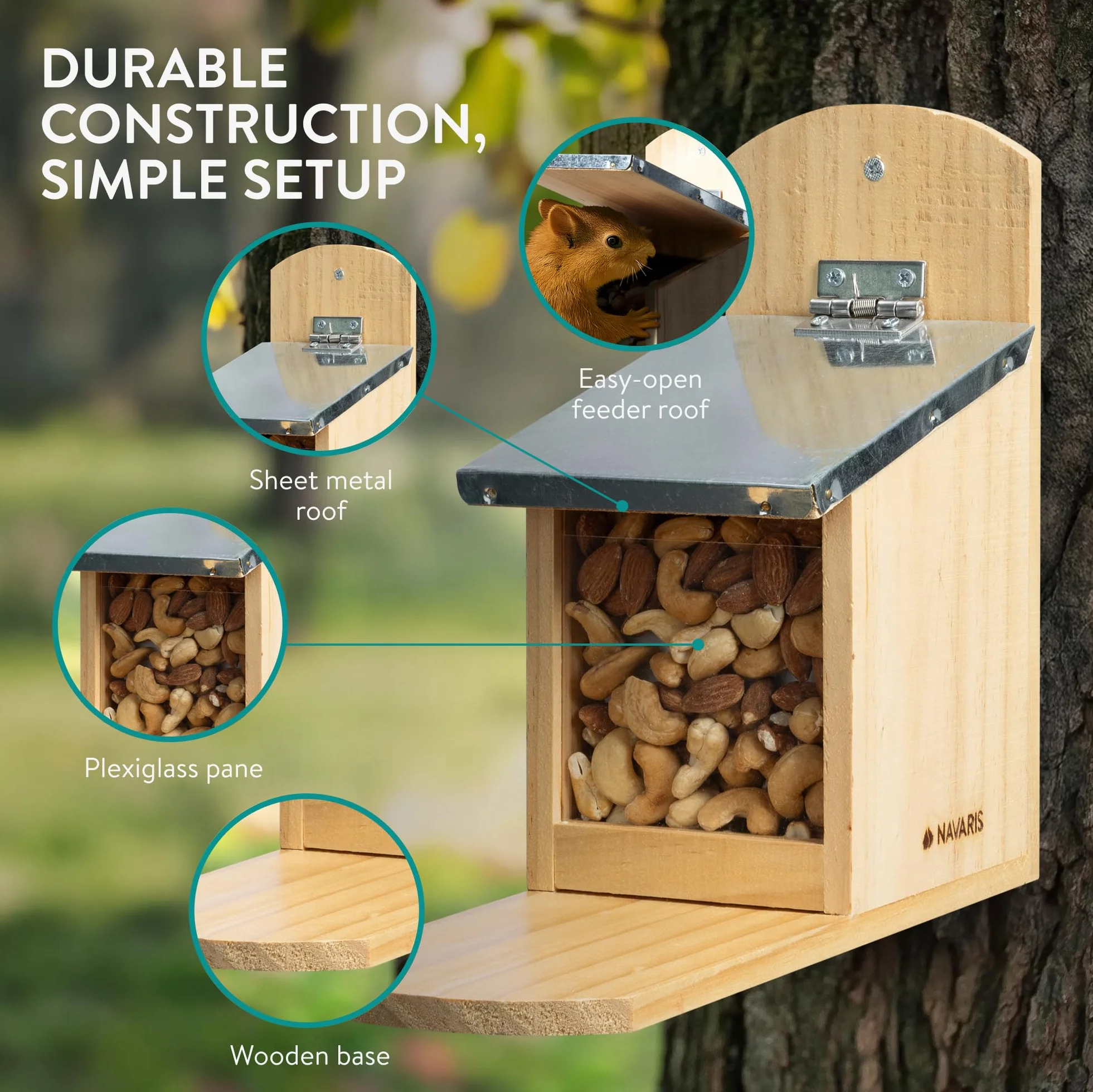 Navaris Mangeoire pour Écureuil Maison en Bois de Pin Toit en Métal Vitre 12 x 29 x 24,5 cm