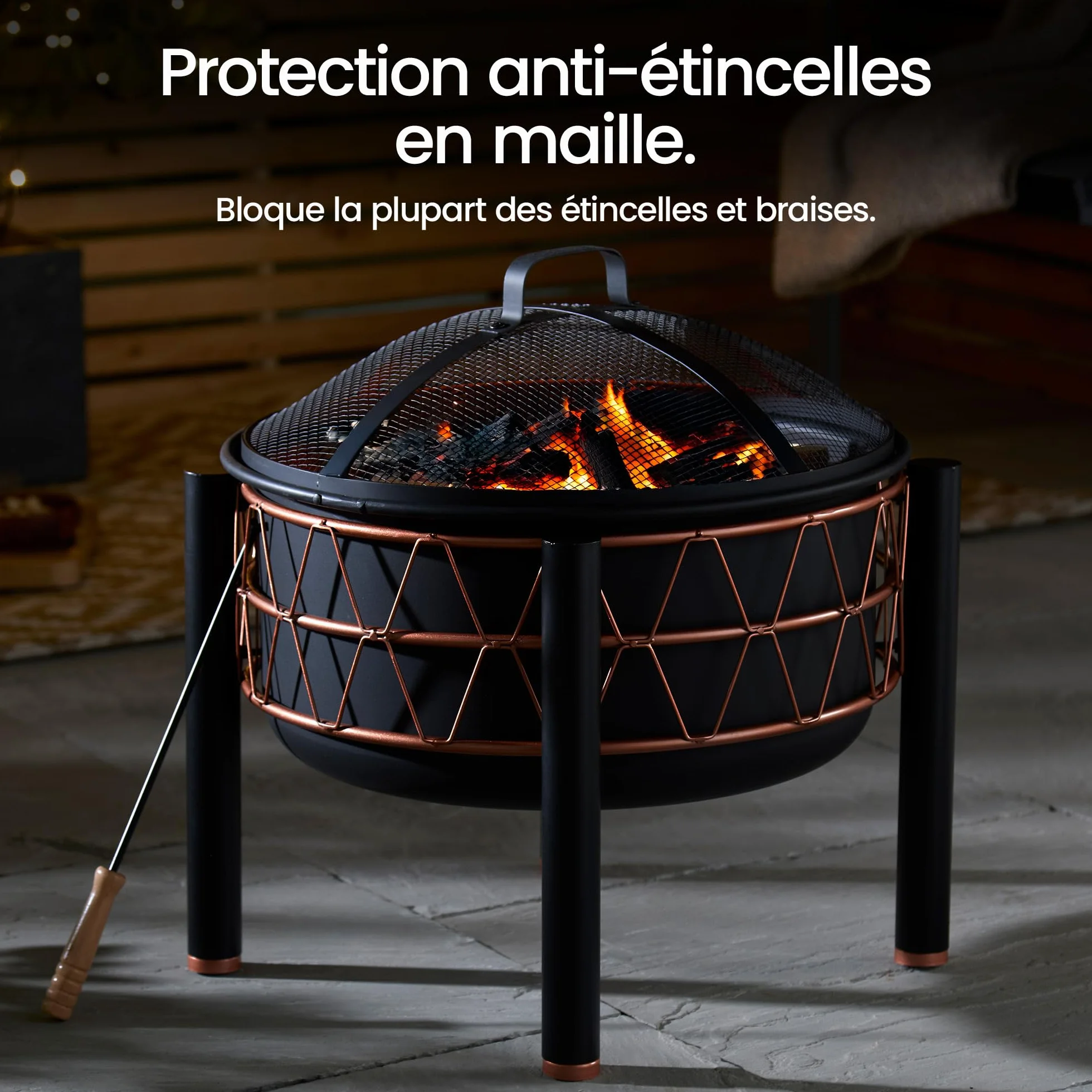 VonHaus Brasero 2-en-1 avec Grille BBQ Jardin Terrasse Extérieur Acier Noir Détail Cuivre Tisonnier Couvercle Maille Inclus Bois Charbon