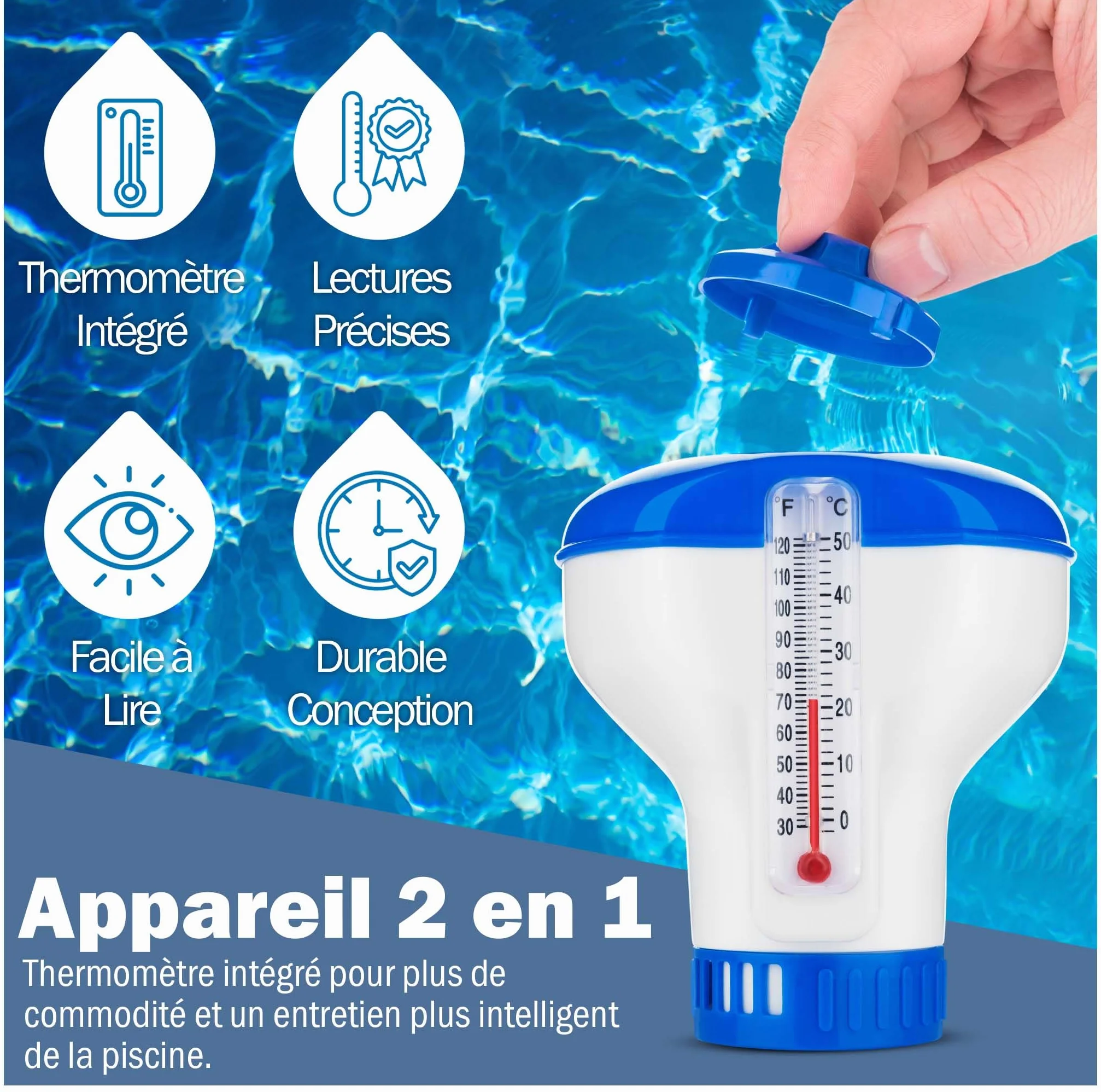 Distributeur de Chlore Flottant avec Thermomètre Intégré pour Piscine et Spas – Contrôle du Débit Réglable