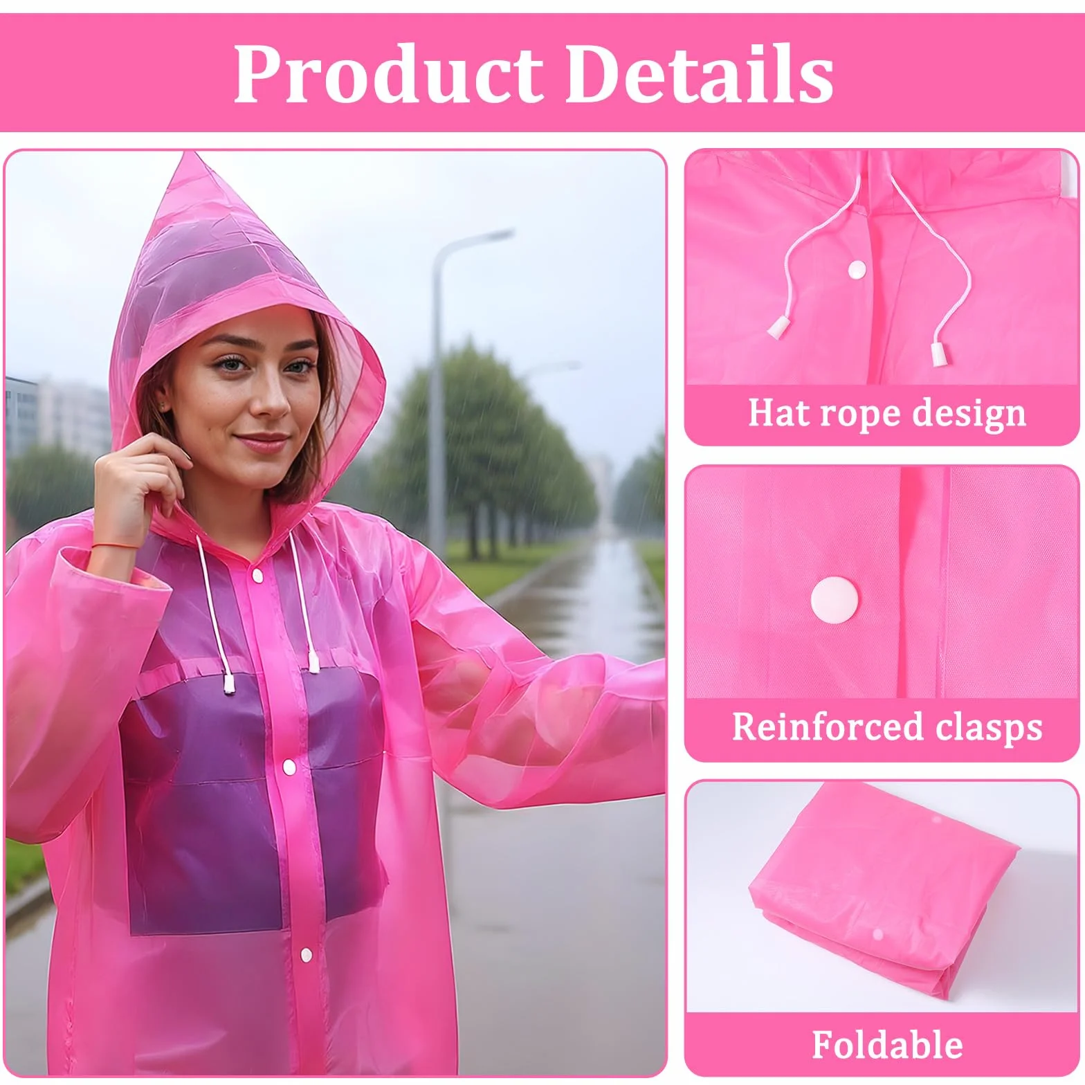 Ponchos roses pour femmes, poncho de pluie rose pour adultes, imperméable, réutilisable, épais, avec capuche et cordon de serrage