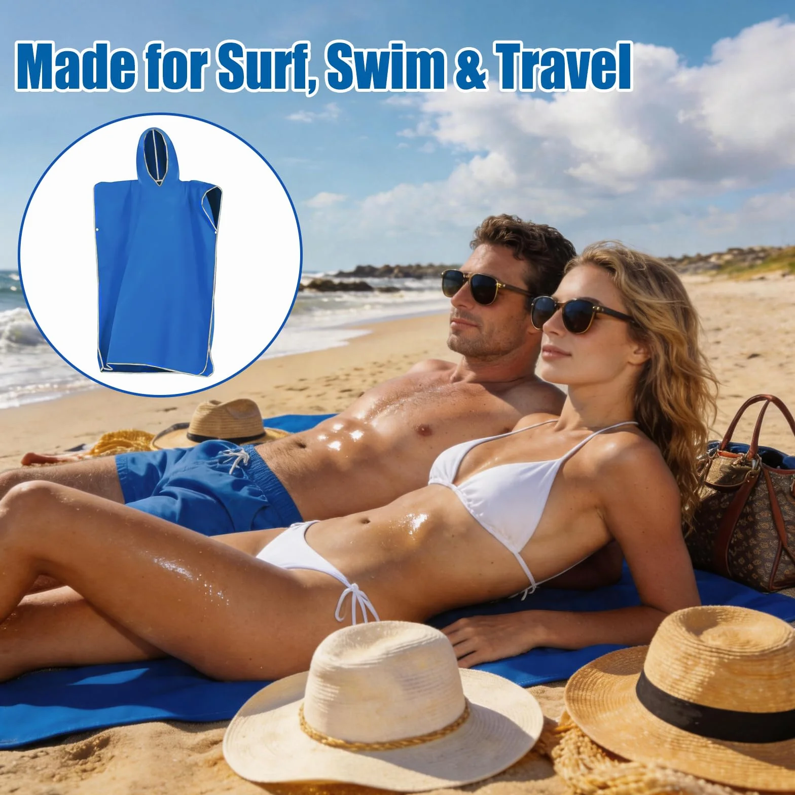 Poncho Surf Microfibre Adulte, Serviette Poncho de Bain avec Capuche Séchage Rapide Léger et Compact, Peignoir à Langer Serviette Plage pour Surf Natation Piscine Sports Aquatiques Homme Femme(Moyen)