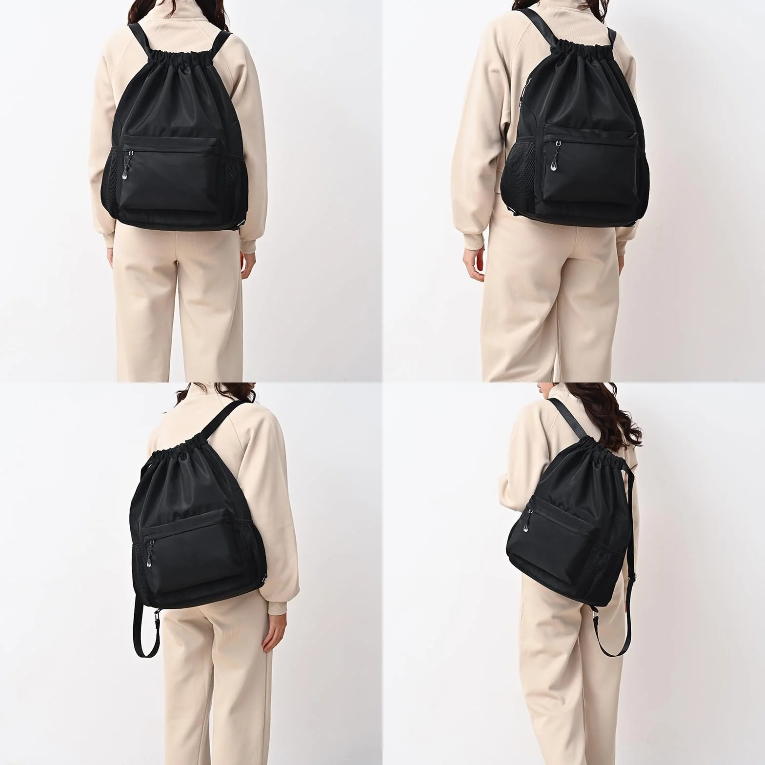 Sac à Dos à Cordon, Sac à Cordon Lmperméable Large Bandoulière de Gym Avec Poche Lntérieure Et Poche De Sécurité avec Poche Avant Et Arrière Zippée, pour Unisexe le Fitness, Les Voyages (noir)