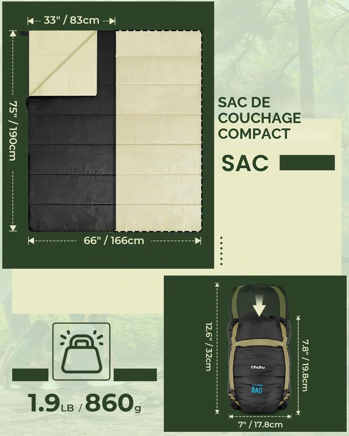 Ohuhu Sac de Couchage Léger 860 g 15-25°C 190 x 83 cm pour Camping Randonnée Trekking
