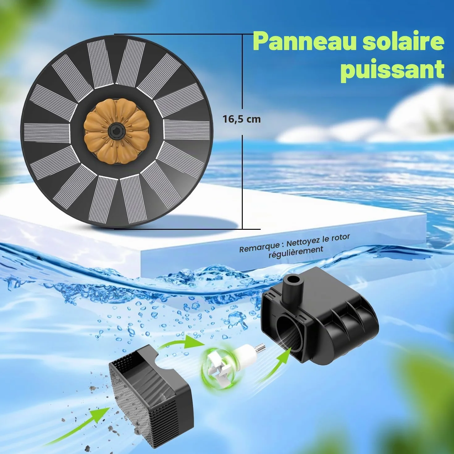 Fontaine Solaire Extérieur Flottante Pompe Bassin 8 Buses 4 Tiges Fixes Marron