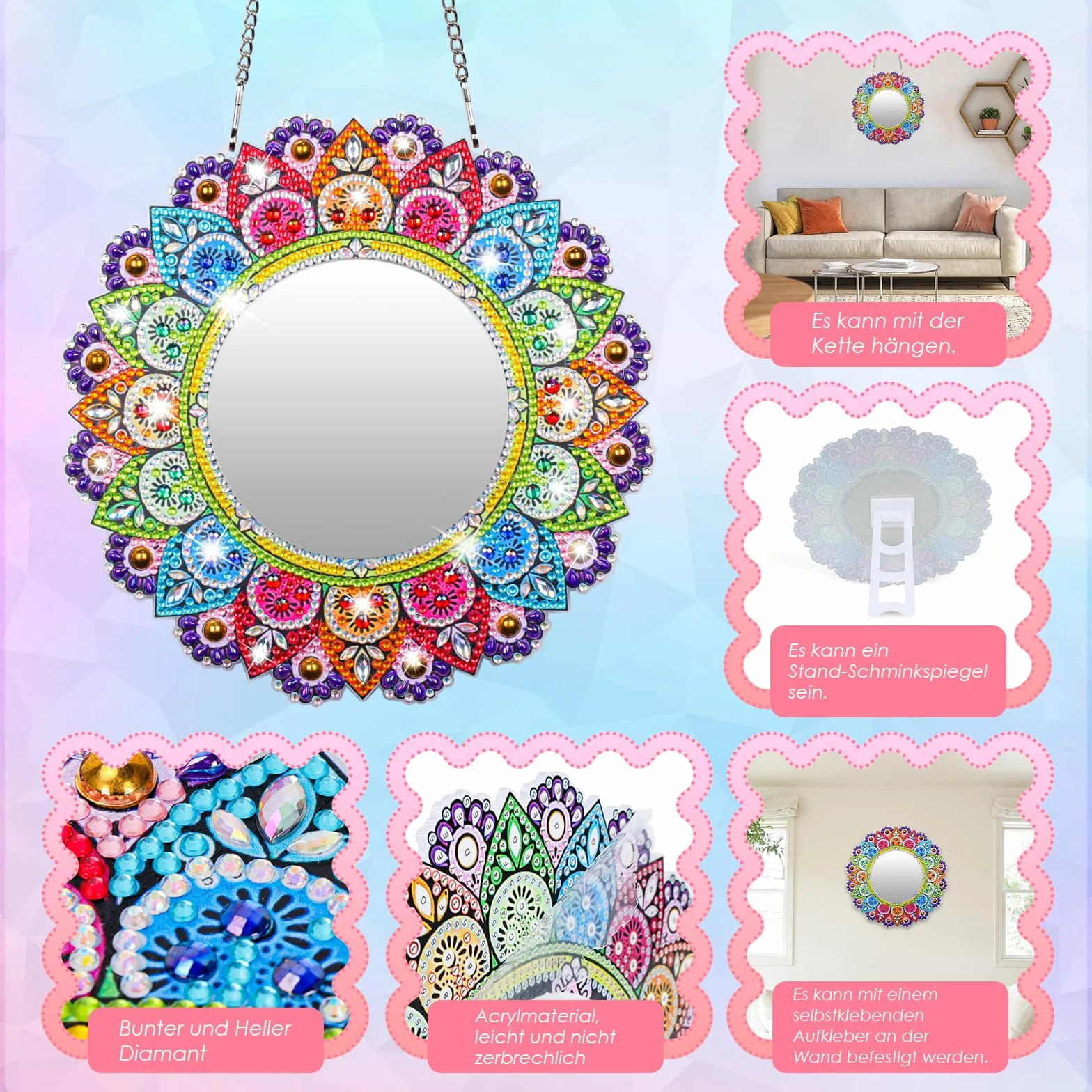 Diamond Painting Miroir Maquillage Jouet Fille 5-12 Ans Loisirs Créatifs Mandala Decoration Murale