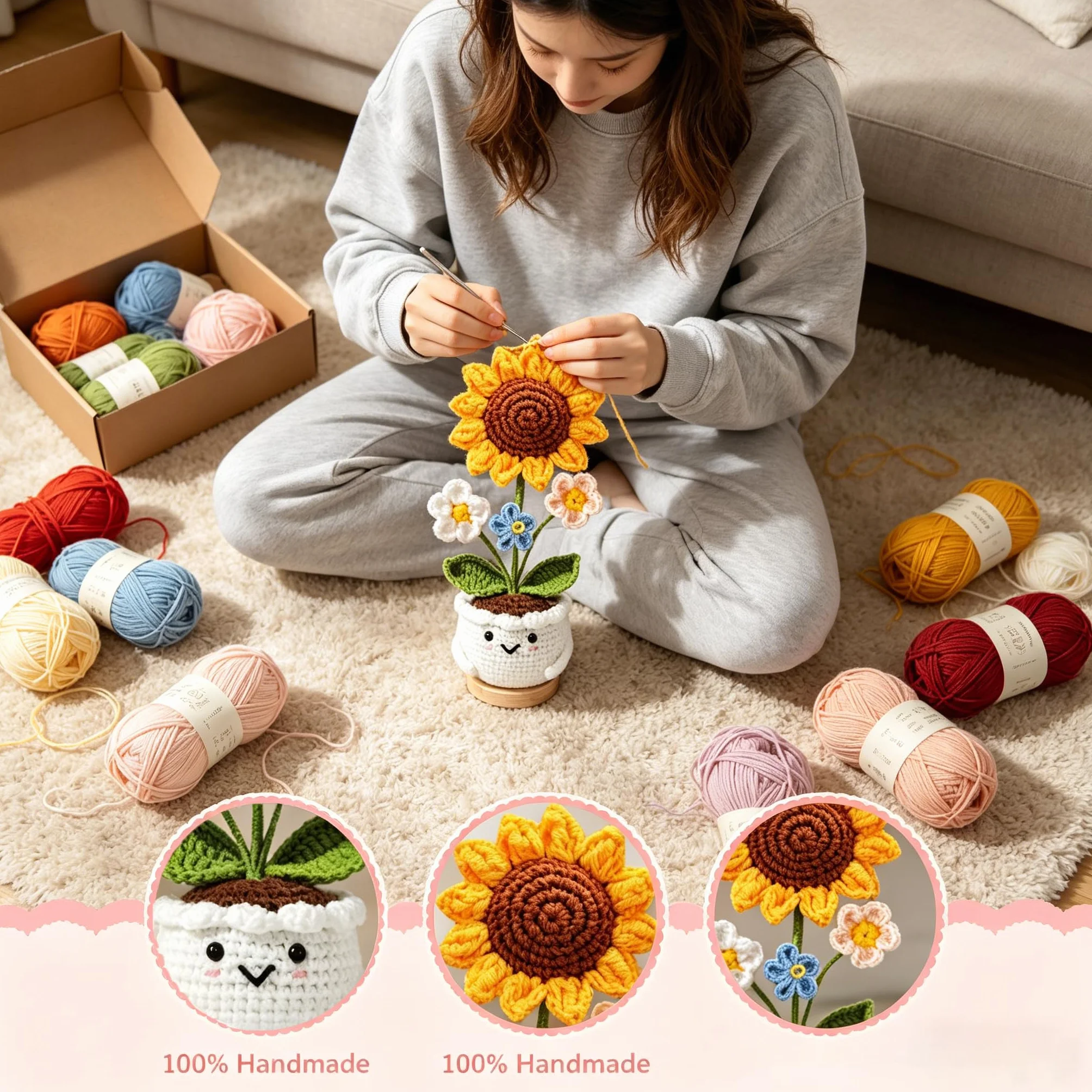 Fleur Pot Crochet Main Tulipe Tournesol Porte-Clés Cadeau Maîtresse Fin Année Noël École Merci Atsem