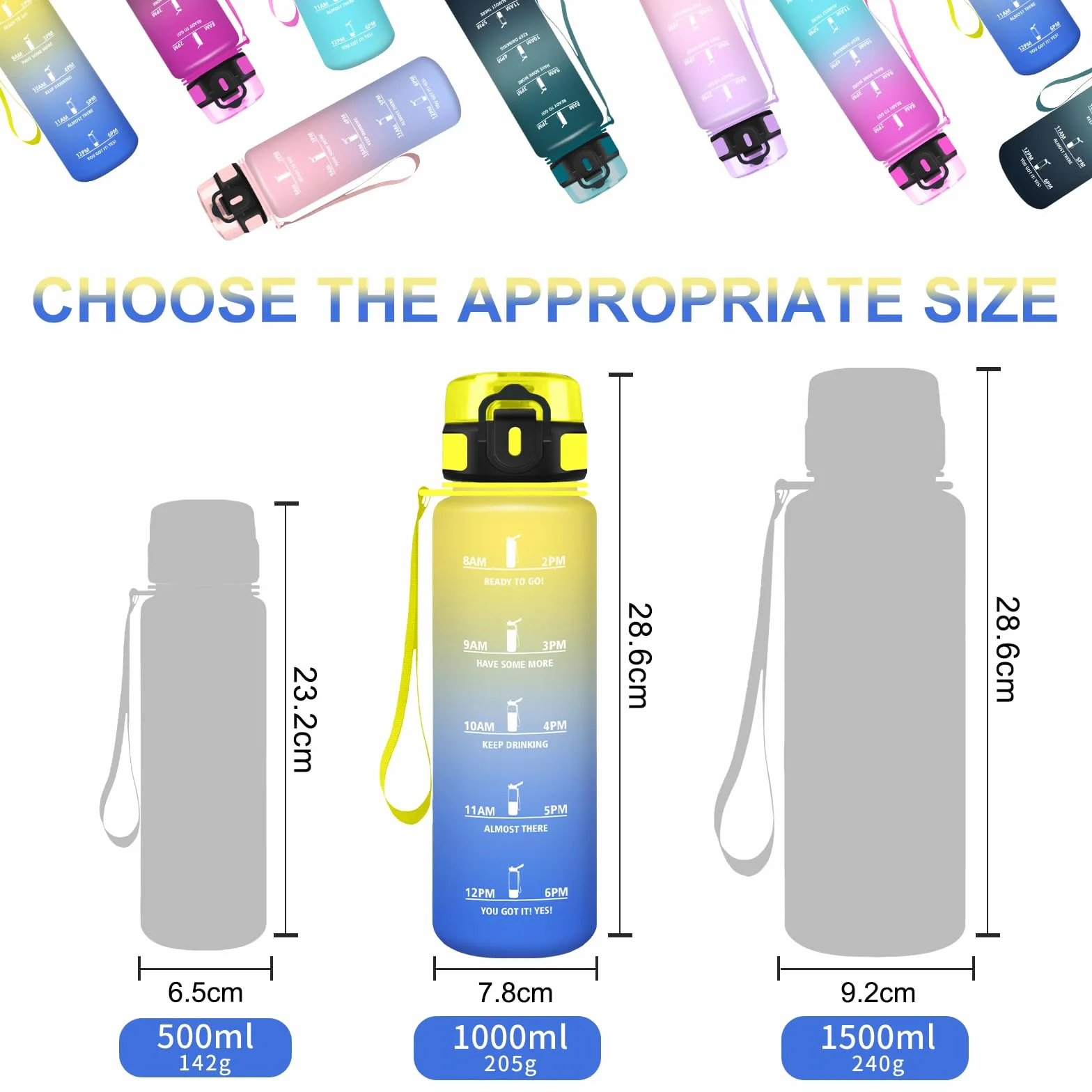 Gourde 1l, Gourde Sport, Facile à Nettoyer, Bouteille avec Verrou de Sécurité, Bouteille d'eau Avec Spazzolare, Bouteille Plastique avec Marqueur de Temps, pour Running, École, Sport, Bureau